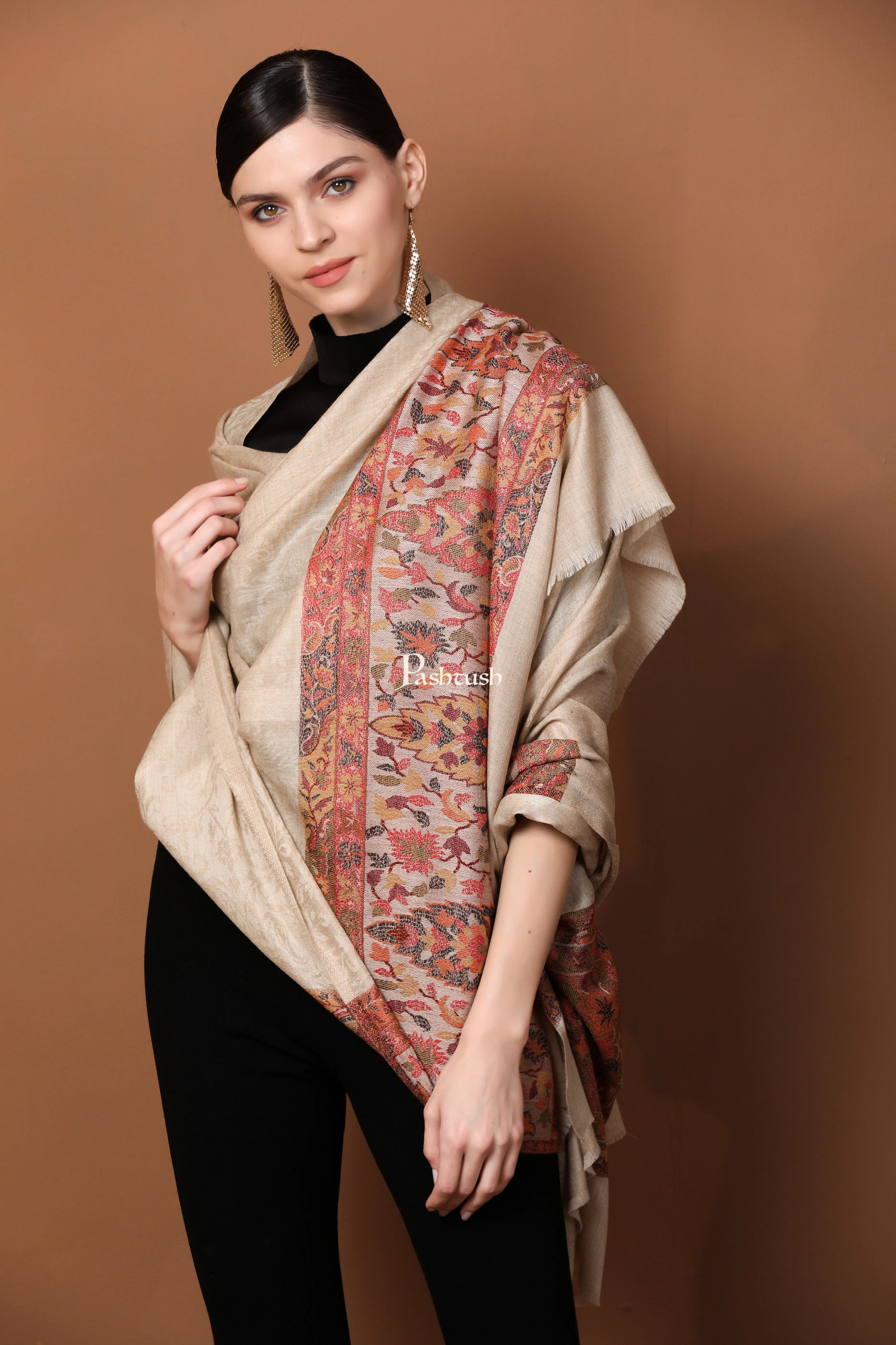 Pashtush His And Her Set Of Fine Wool Shawls With Premium Gift Box Packaging, Beige