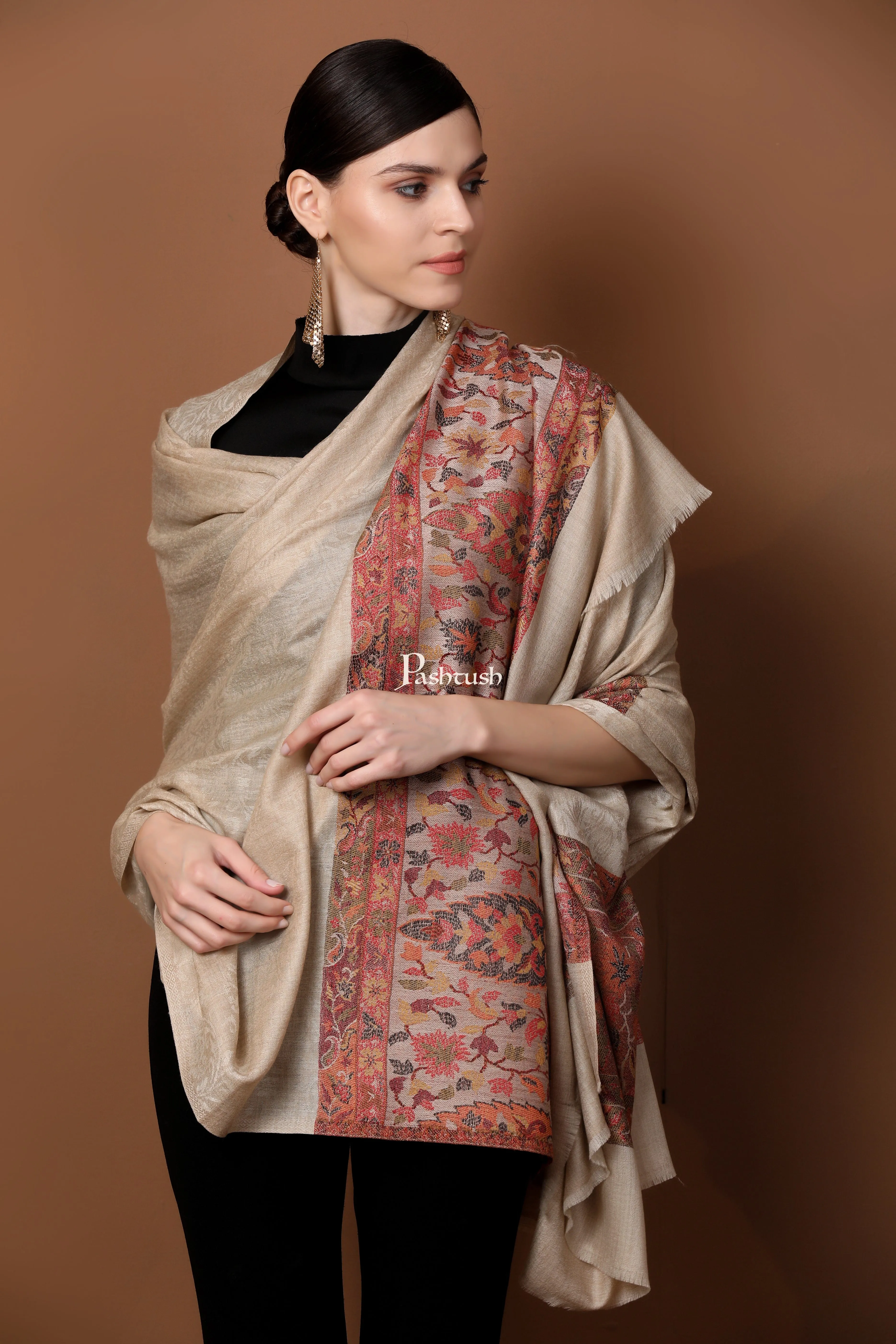 Pashtush His And Her Set Of Fine Wool Shawls With Premium Gift Box Packaging, Beige