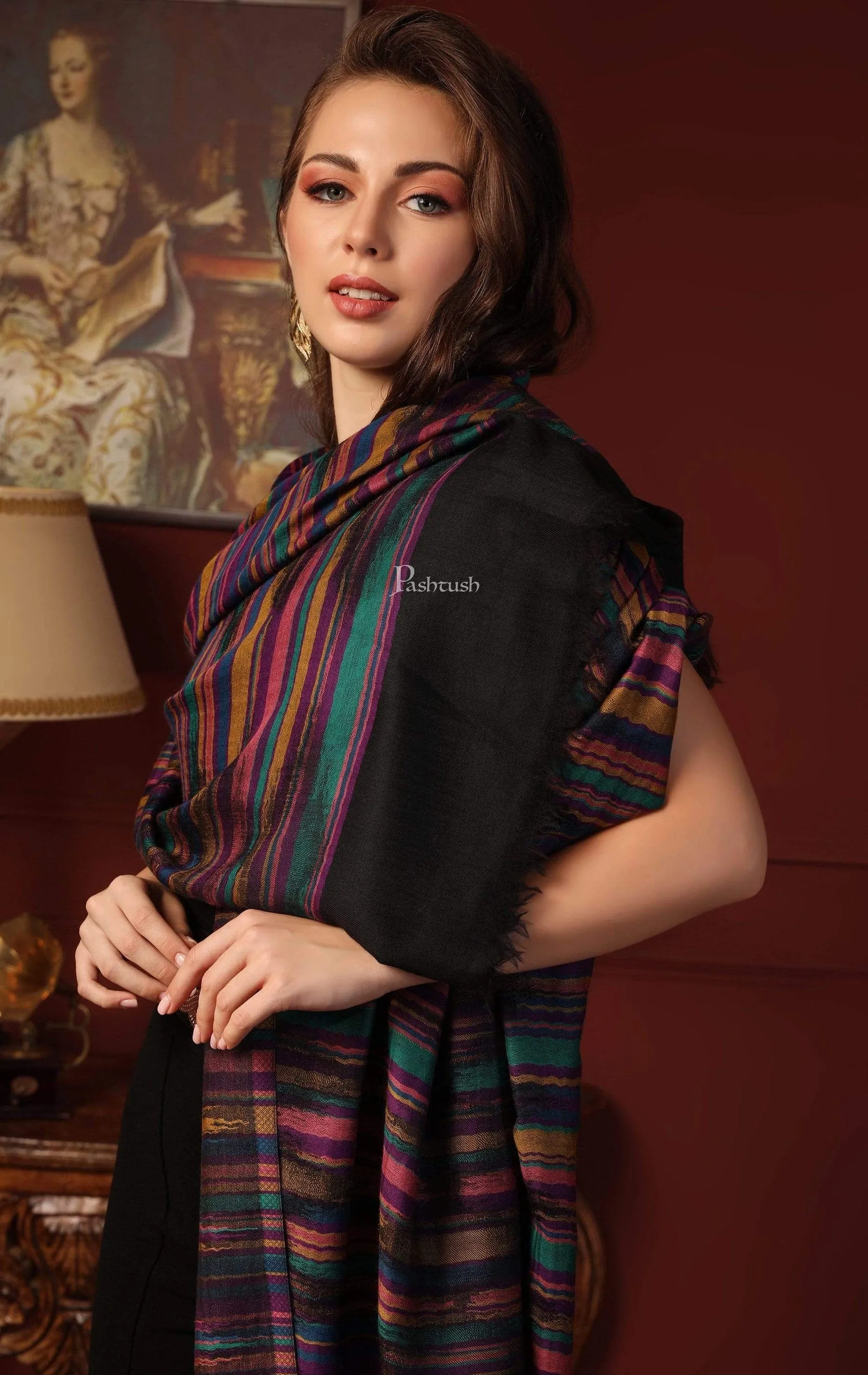 Pashtush His And Her Set Of Pure Wool Shawl and Pure Striped Shawl With Wooden Chester Box, Beige and Multi colour