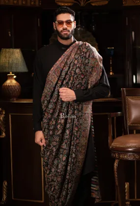 Pashtush men Extra Fine Wool shawl, ethnic design, Mens Lohi, Full size, Black