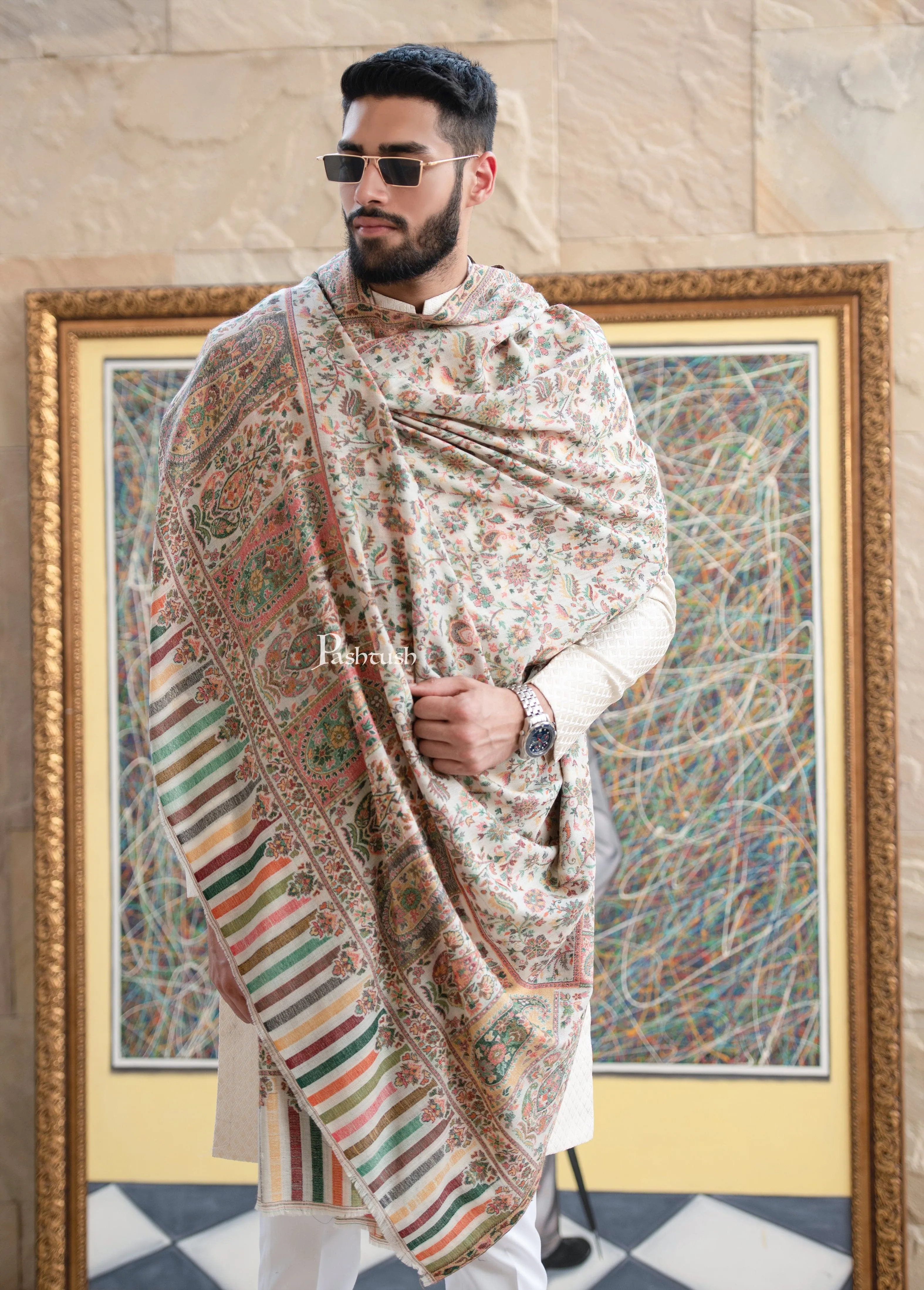 Pashtush men Extra Fine Wool shawl, Ethnic Weave, Full Size, Ivory