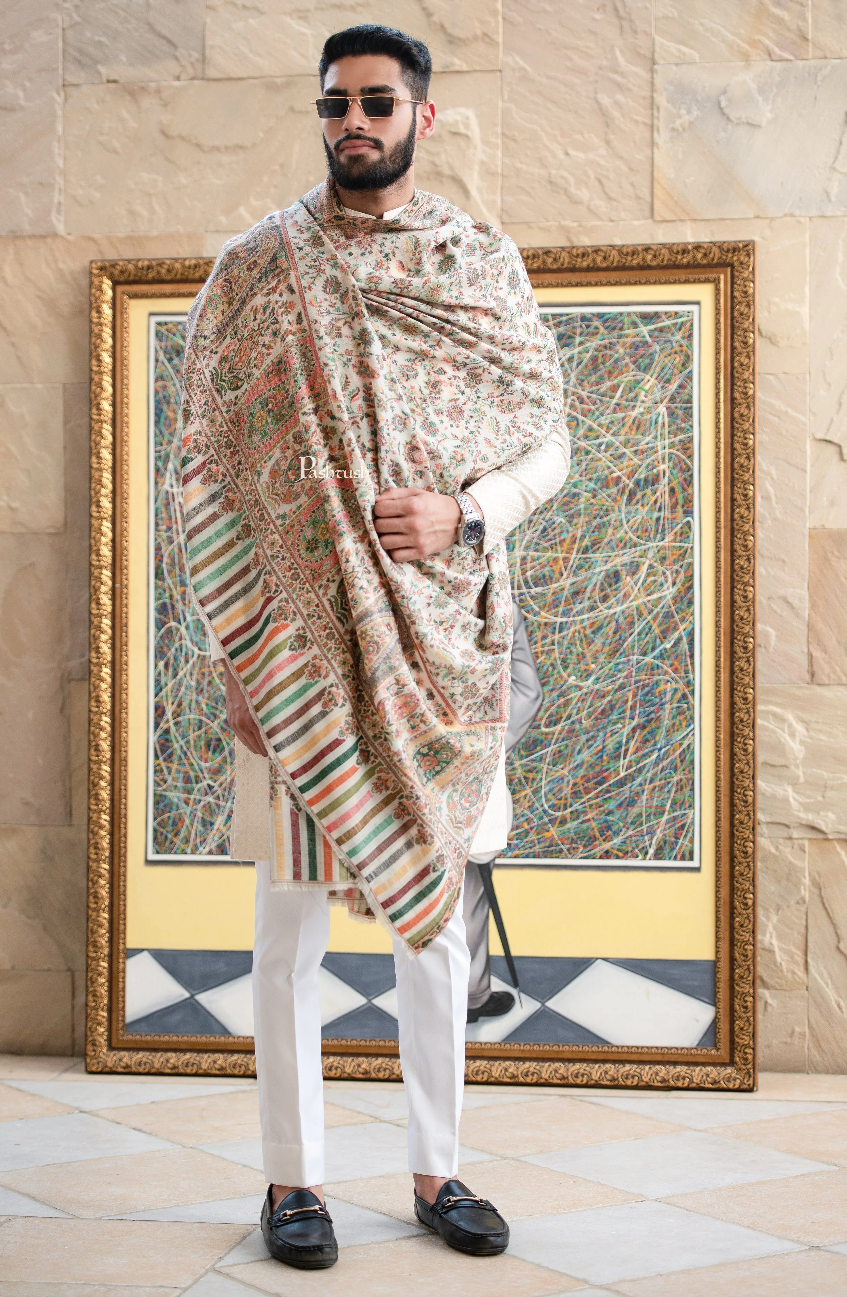 Pashtush men Extra Fine Wool shawl, Ethnic Weave, Full Size, Ivory