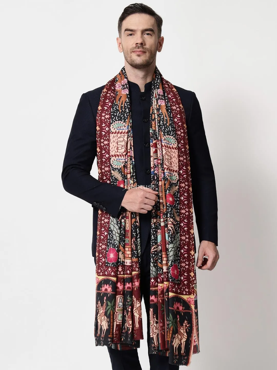 Pashtush mens 100% Pure Wool with Woolmark Certificate shawl, Darbar printed design, Multicolour