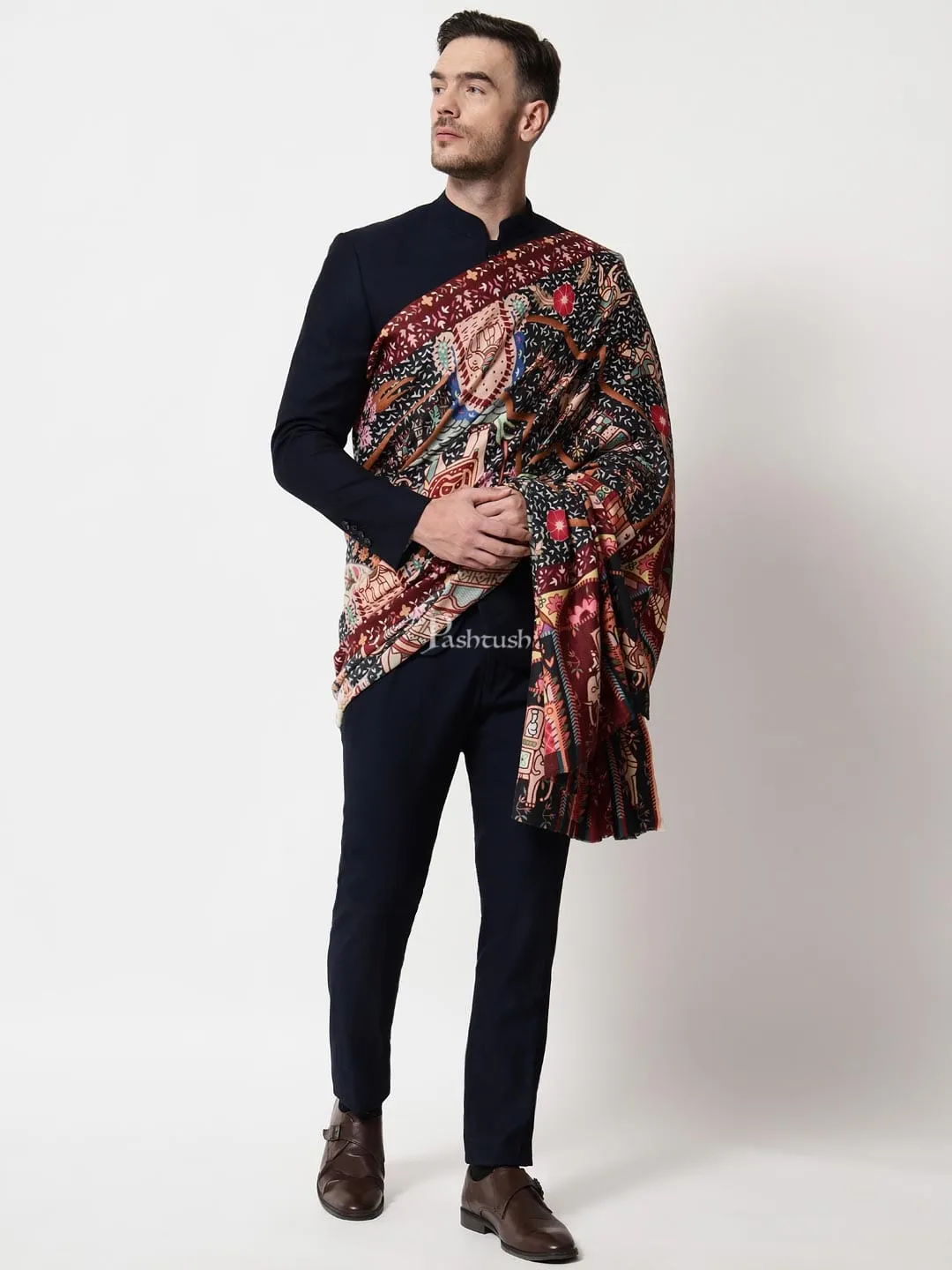 Pashtush mens 100% Pure Wool with Woolmark Certificate shawl, Darbar printed design, Multicolour