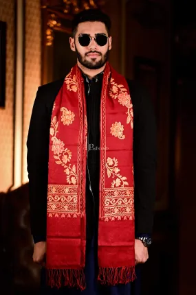 Pashtush Mens Aari Embroidery Stole, Fine Wool, Maroon