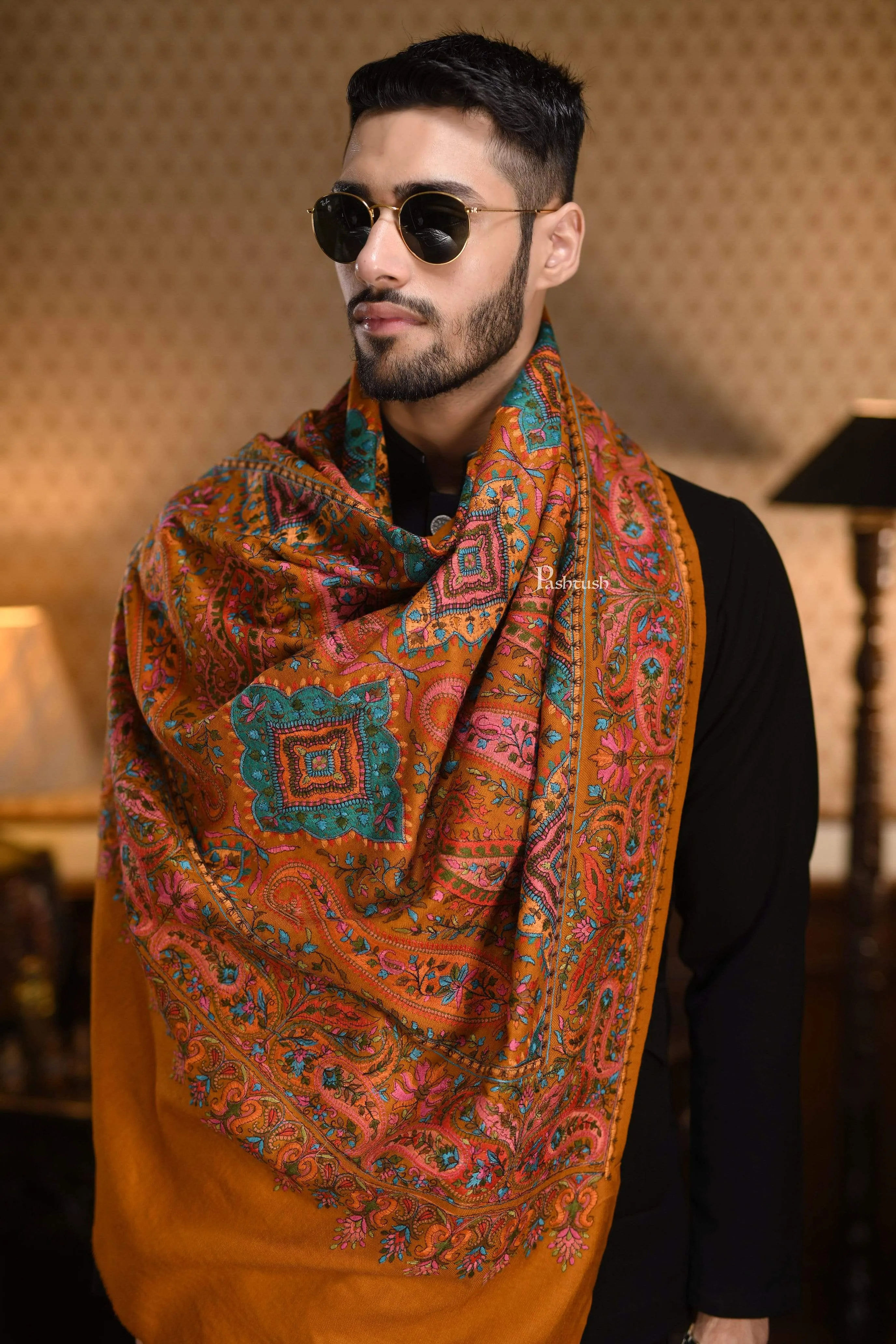 Pashtush Mens Embroidered Jamawar Stole, Fine Wool, Soft And Warm