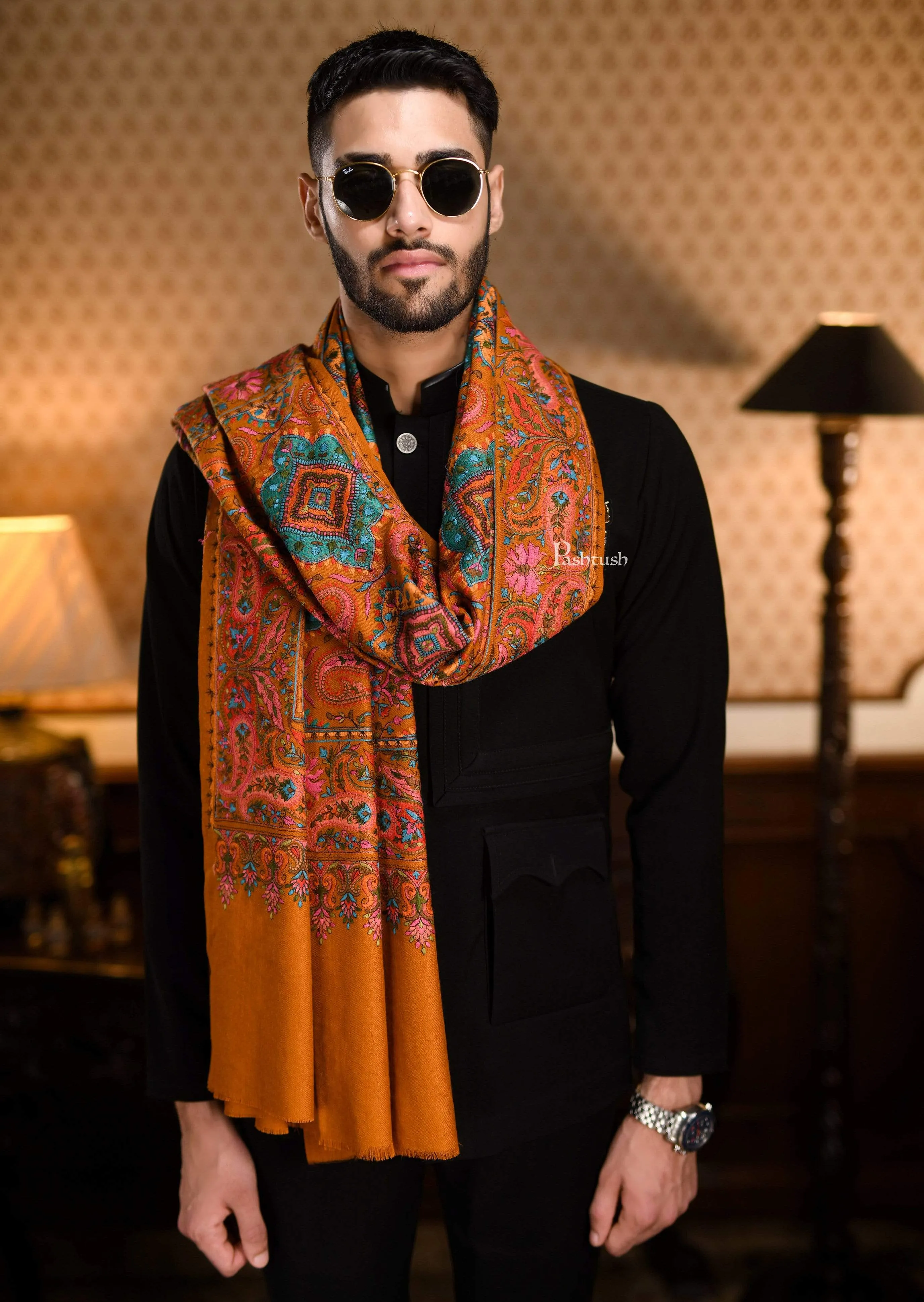 Pashtush Mens Embroidered Jamawar Stole, Fine Wool, Soft And Warm