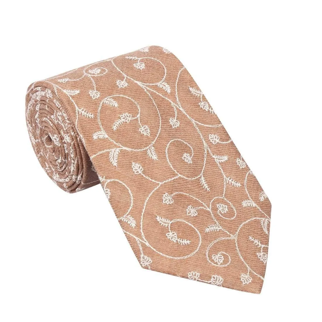 Pashtush Mens Embroidered Necktie, Wool, Paisley Design, Taupe