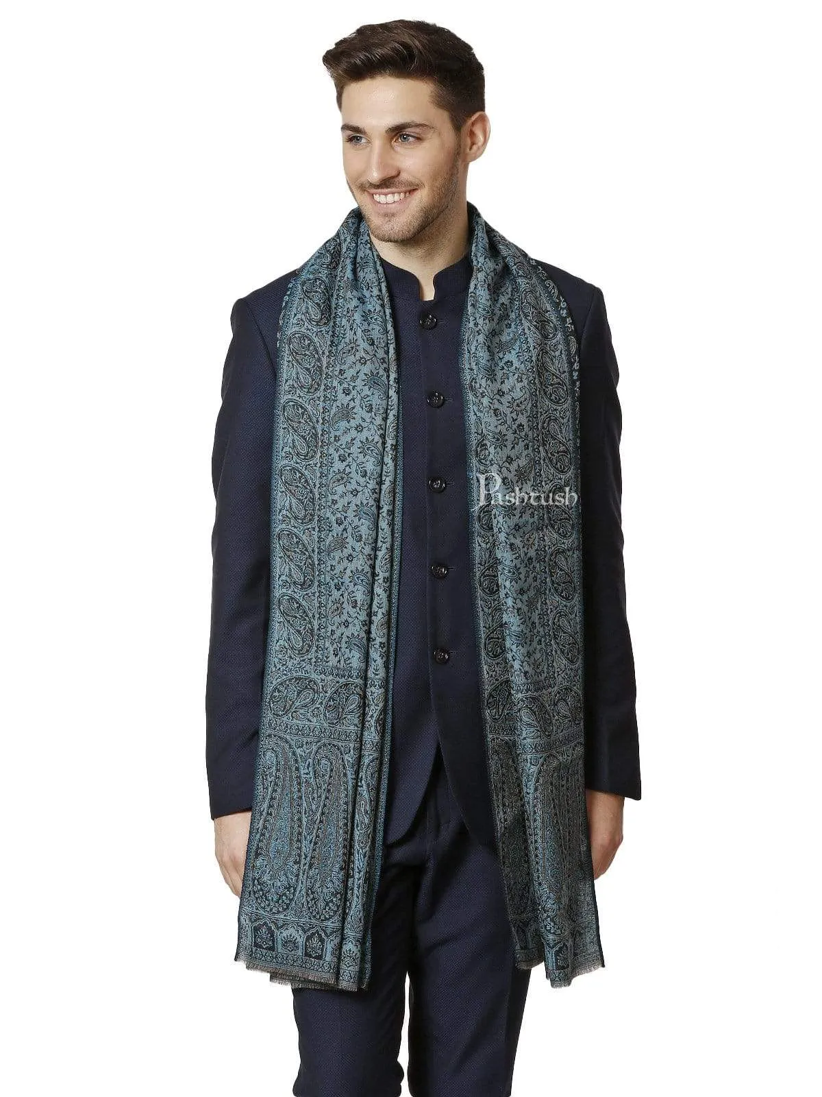 Pashtush Mens Ethic Stole, Fine Wool, Soft And Warm, Azure Blue