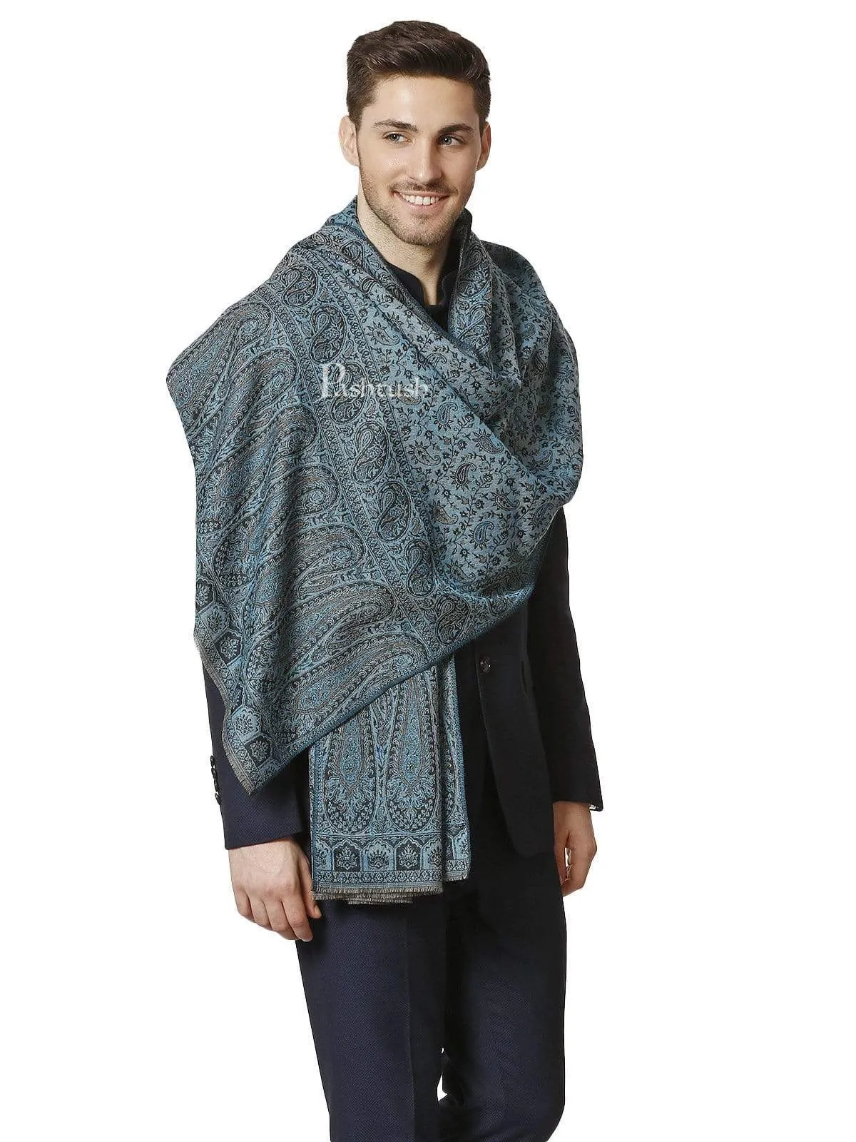 Pashtush Mens Ethic Stole, Fine Wool, Soft And Warm, Azure Blue