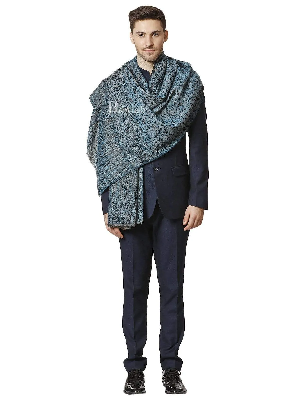 Pashtush Mens Ethic Stole, Fine Wool, Soft And Warm, Azure Blue