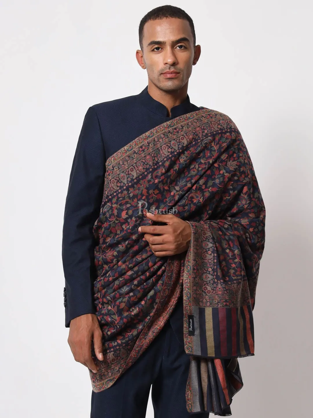 Pashtush Mens Ethnic Shawl, Mens Lohi, Full Size, Fine Wool, Navy Blue