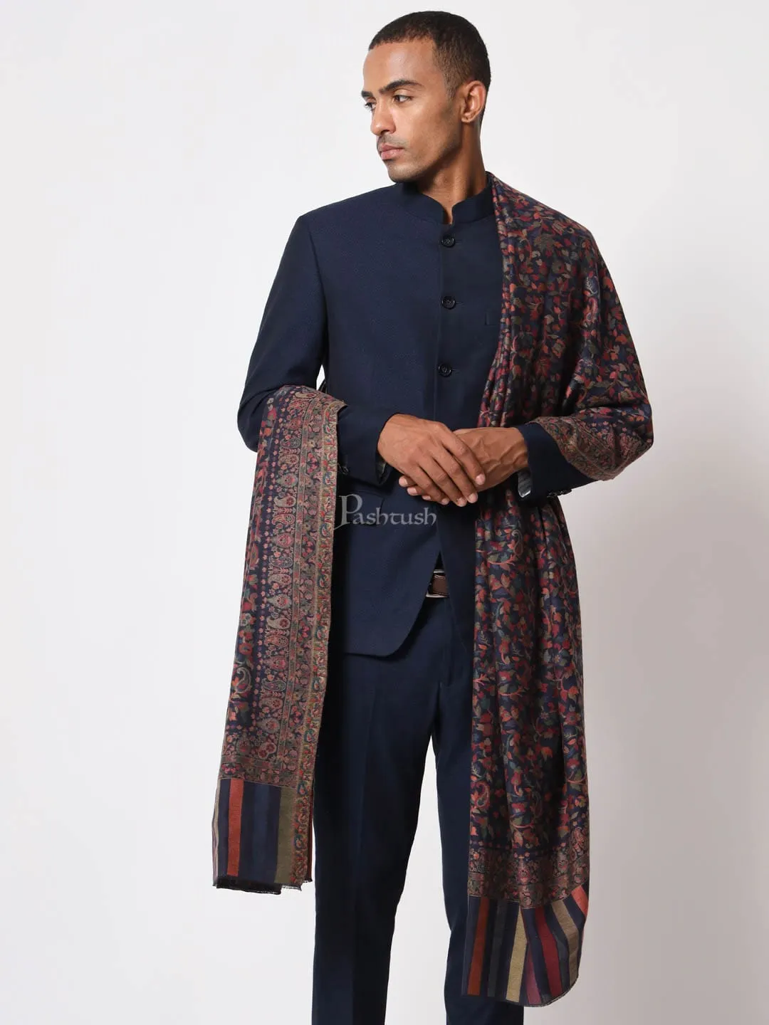 Pashtush Mens Ethnic Shawl, Mens Lohi, Full Size, Fine Wool, Navy Blue