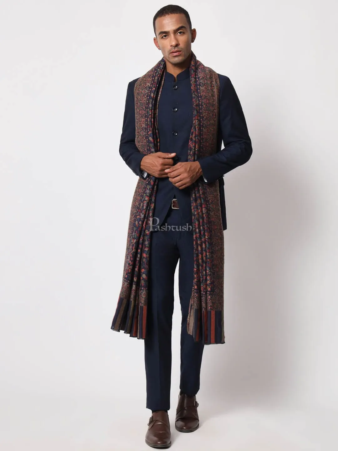 Pashtush Mens Ethnic Shawl, Mens Lohi, Full Size, Fine Wool, Navy Blue