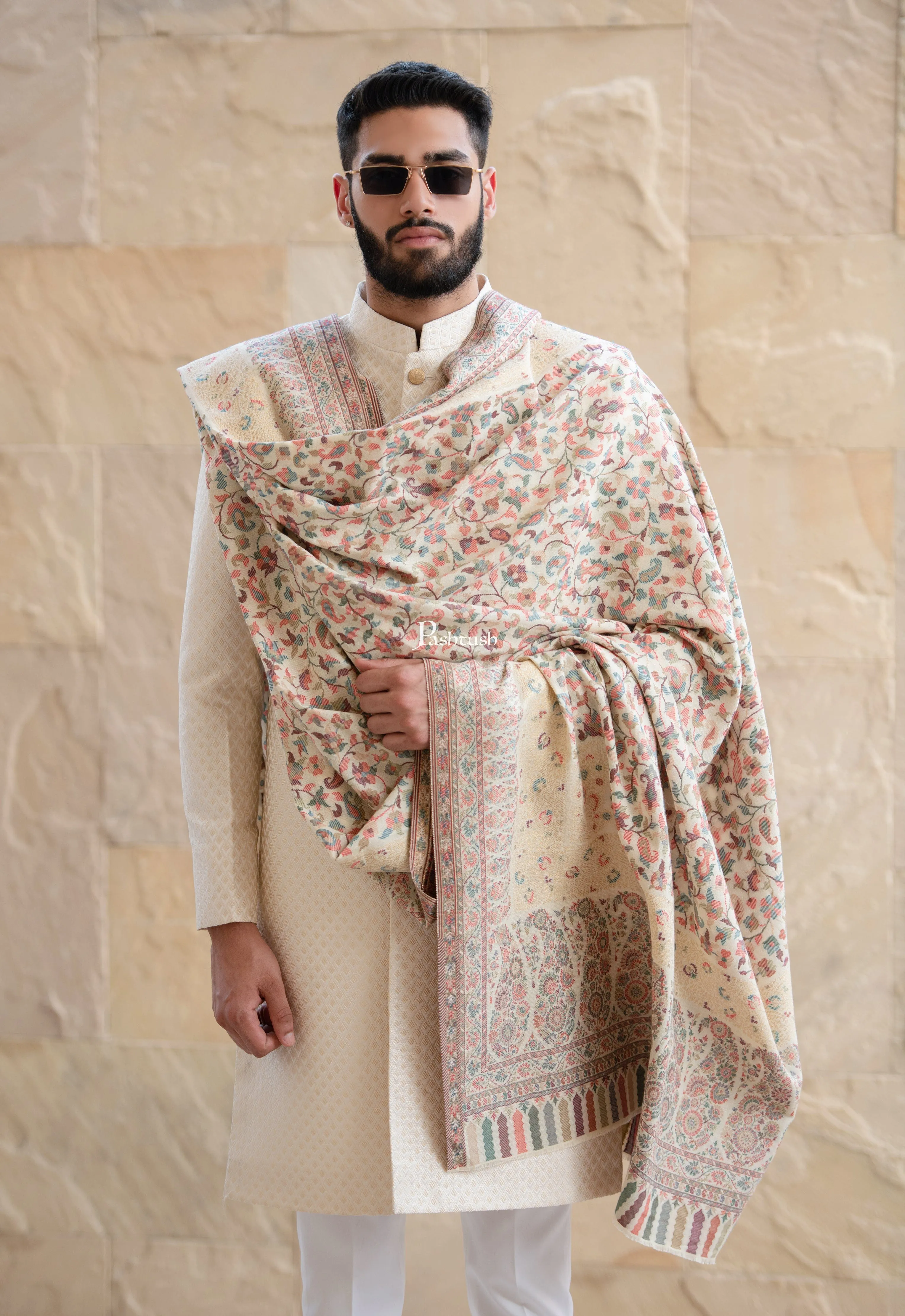 Pashtush Mens Ethnic Shawl, Mens Lohi , Full Size, Fine Wool, With Metallic Weave , Ivory