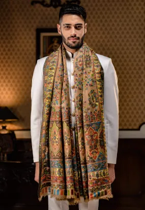 Pashtush Mens Ethnic Stole, Pure Wool, Woolmark Certificate, Beige With Zari Weave