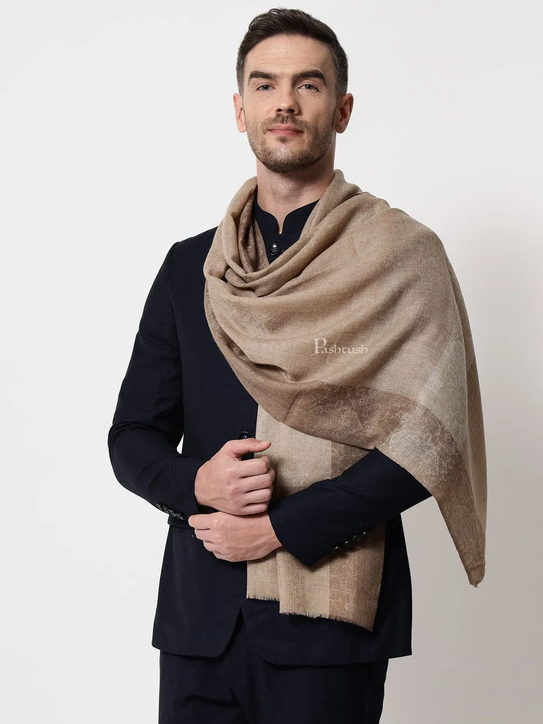 Pashtush mens Extra Fine Wool stole, jacquard border design, Beige