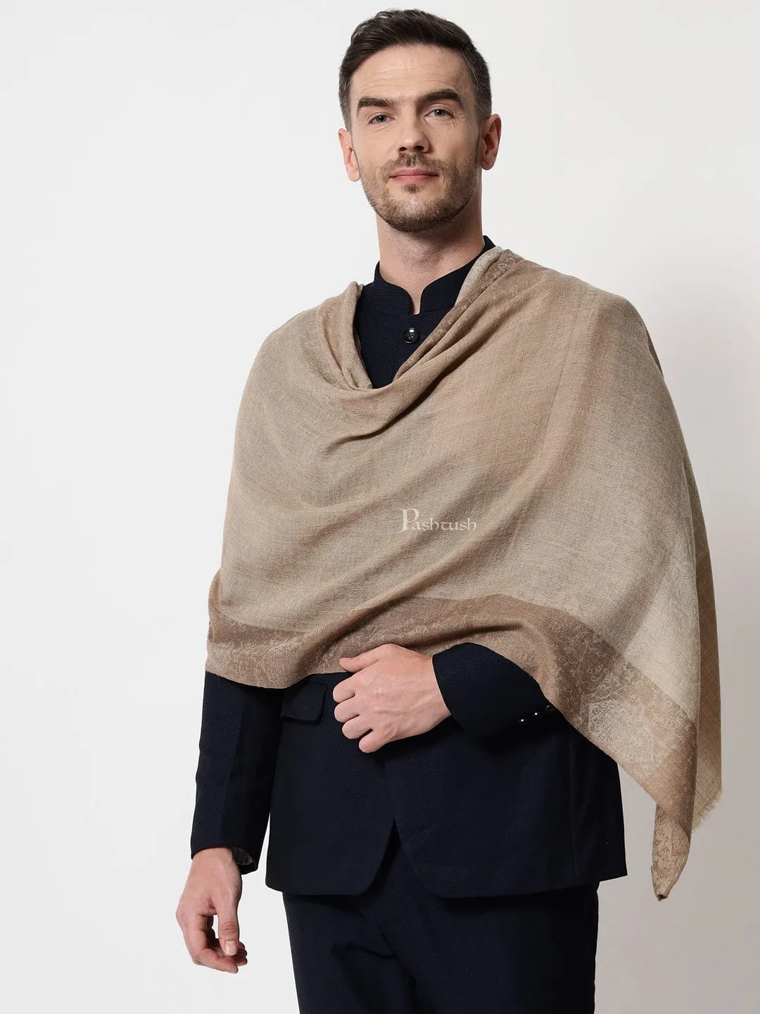 Pashtush mens Extra Fine Wool stole, jacquard border design, Beige