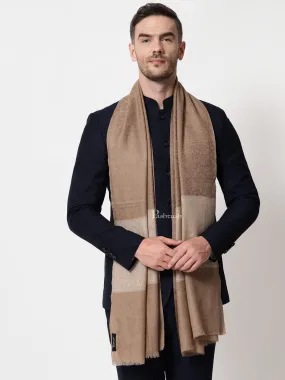 Pashtush mens Extra Fine Wool stole, jacquard palla design, Taupe