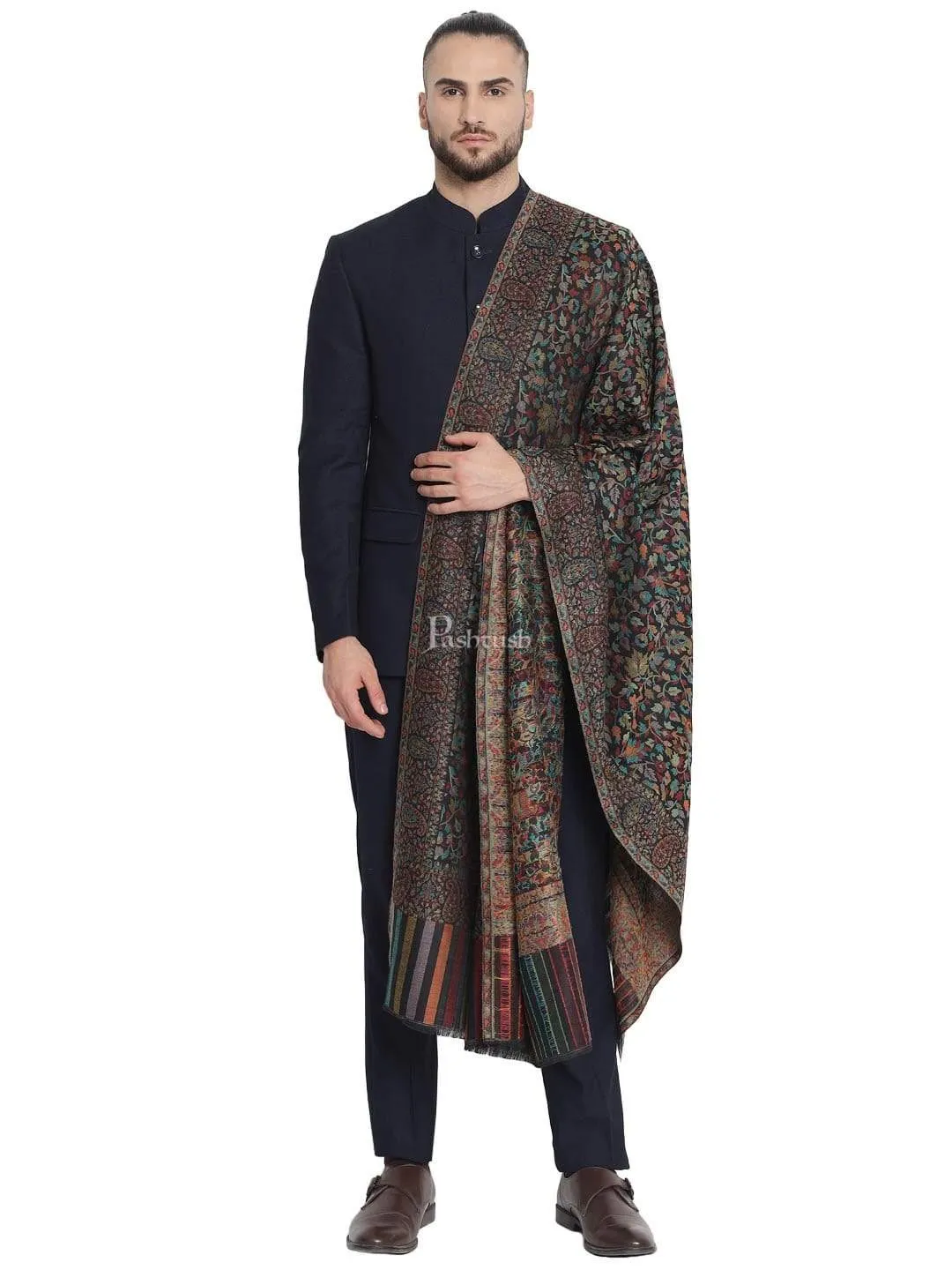 Pashtush Mens Fine Wool Ethnic Weave Stole, Soft And Warm