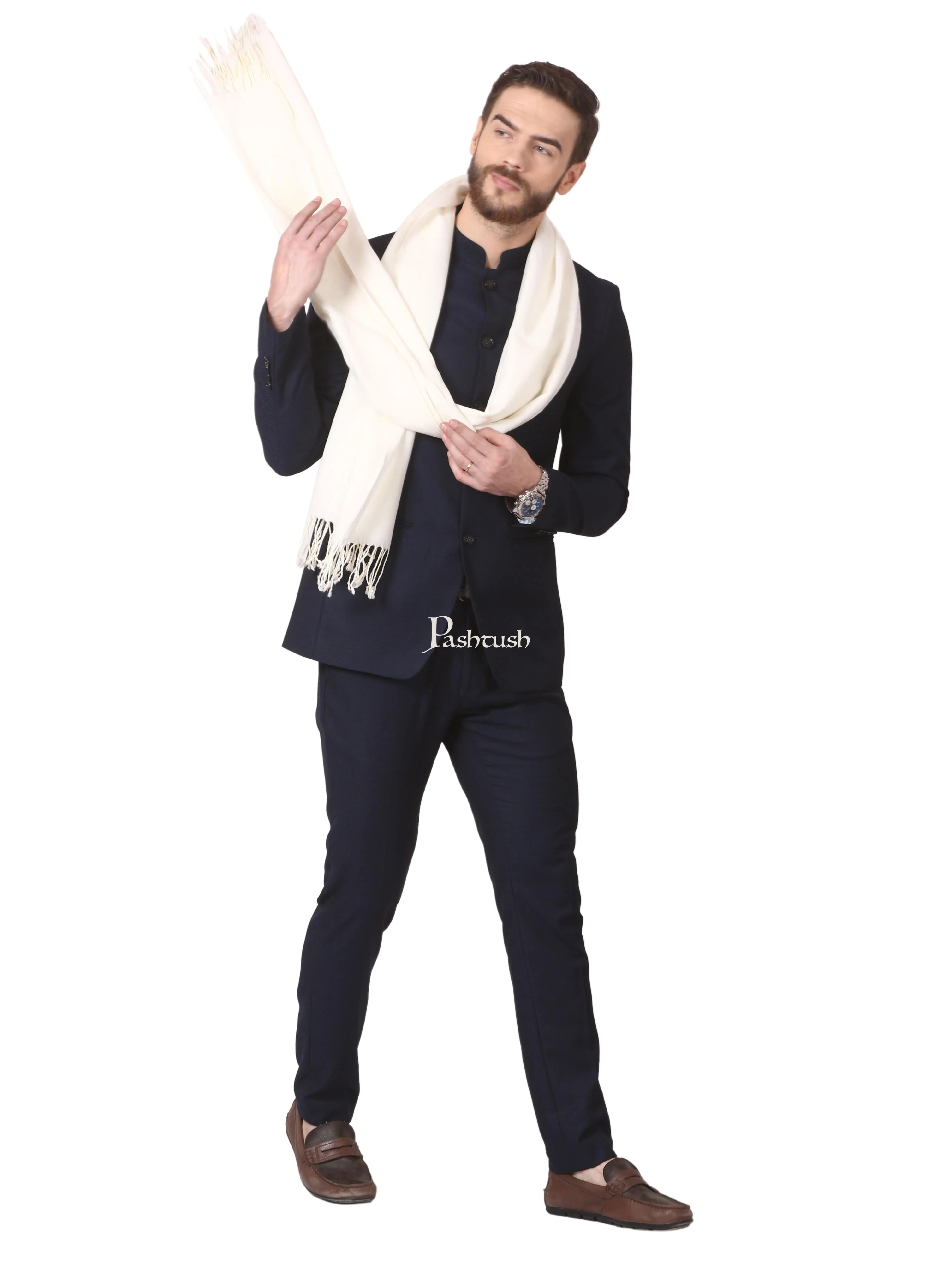 Pashtush Mens Fine Wool Jacquard Muffler - Ivory