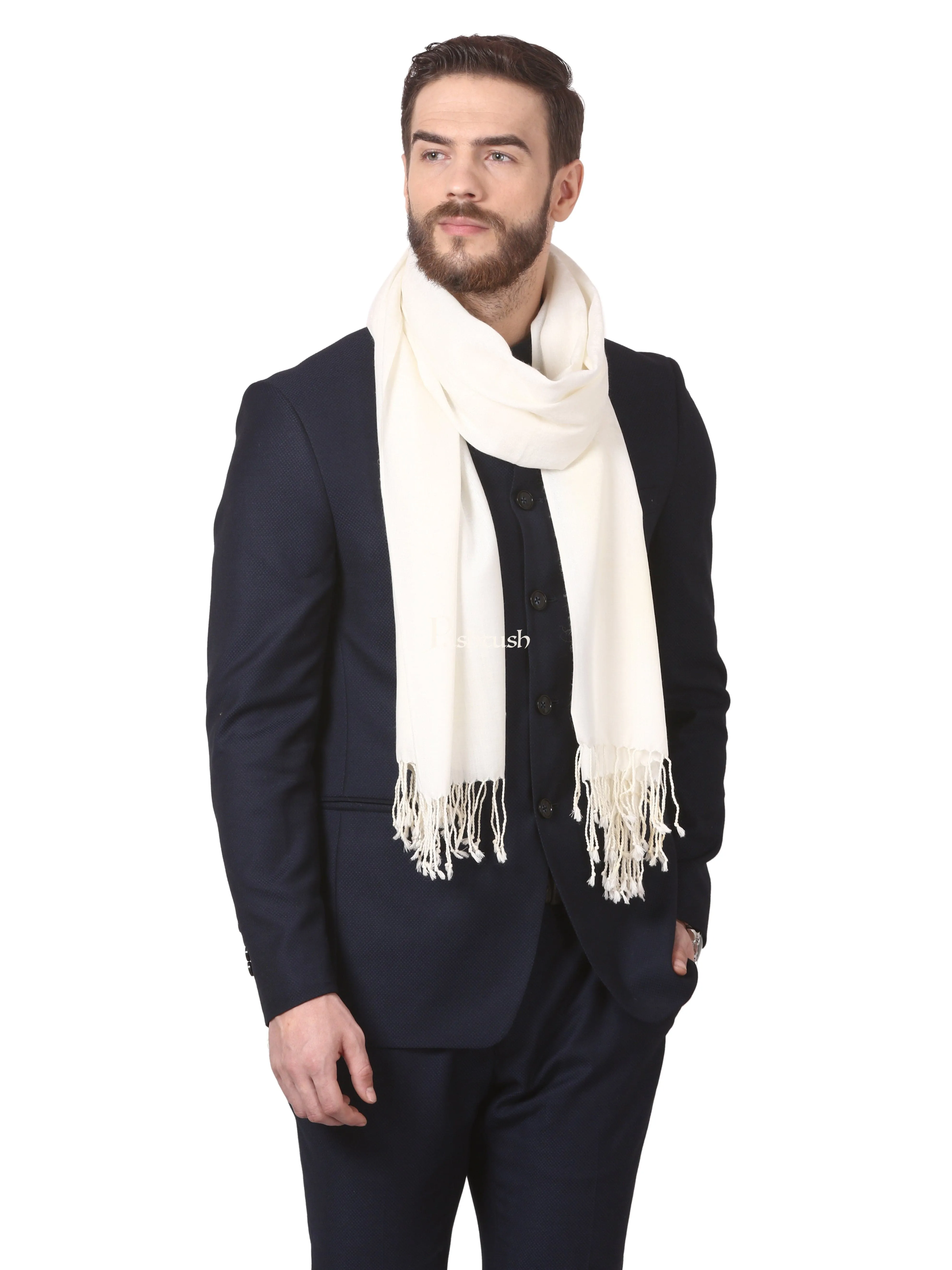 Pashtush Mens Fine Wool Jacquard Muffler - Ivory