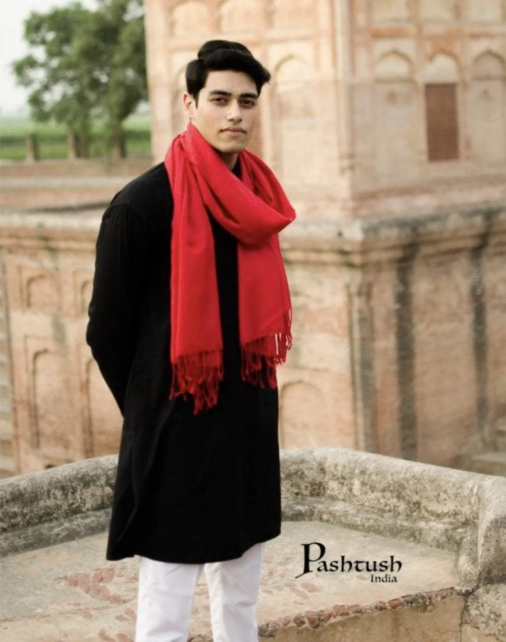 Pashtush Mens Fine Wool Jacquard Muffler (Scarlet)