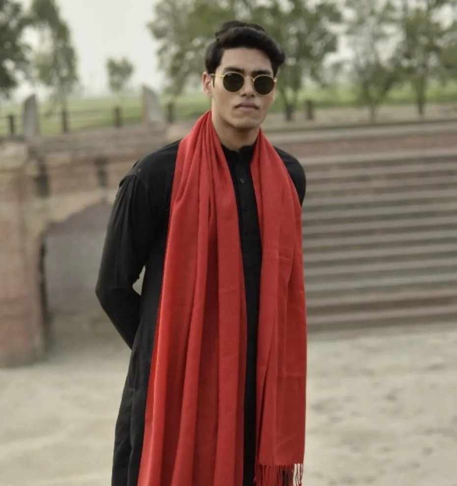 Pashtush Mens Fine Wool Jacquard Muffler (Scarlet)