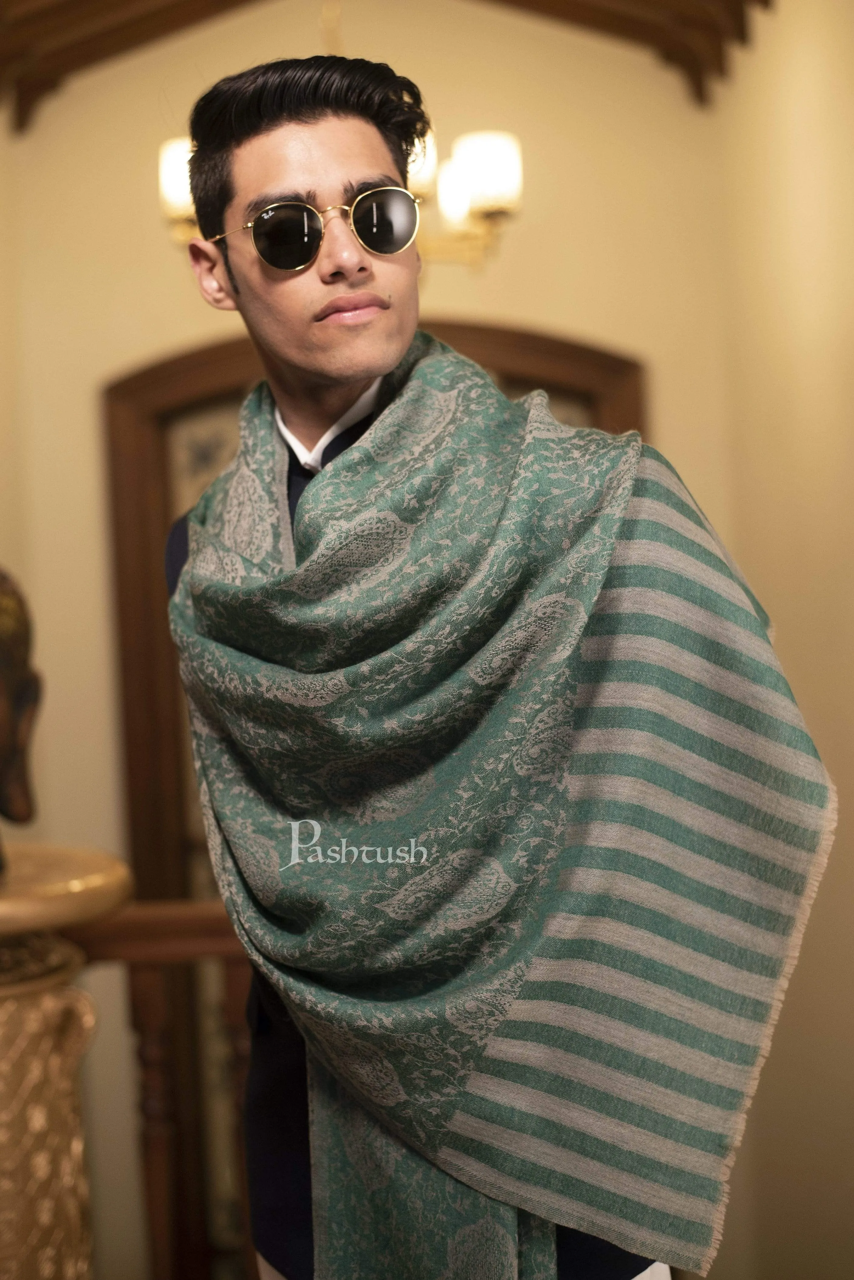 Pashtush Mens Fine Wool Jacquard Stole, Bottle Green