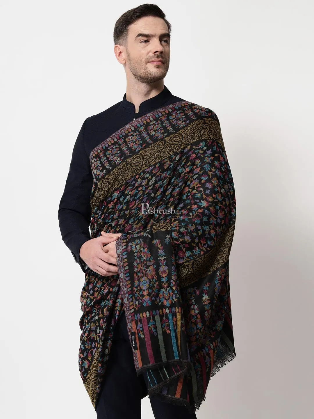 Pashtush mens Fine Wool shawl, Ethnic design, Black, Mens Lohi, Full Size