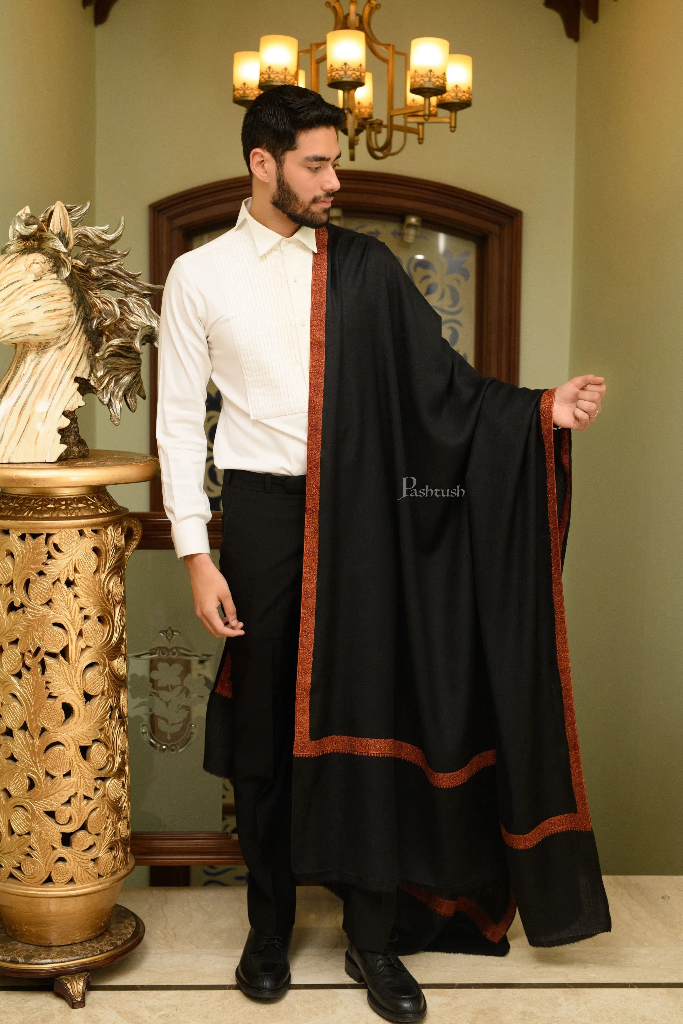 Pashtush Mens Fine Wool Shawl, Kashmiri Border Embroidery, Neemdaur Design, Black