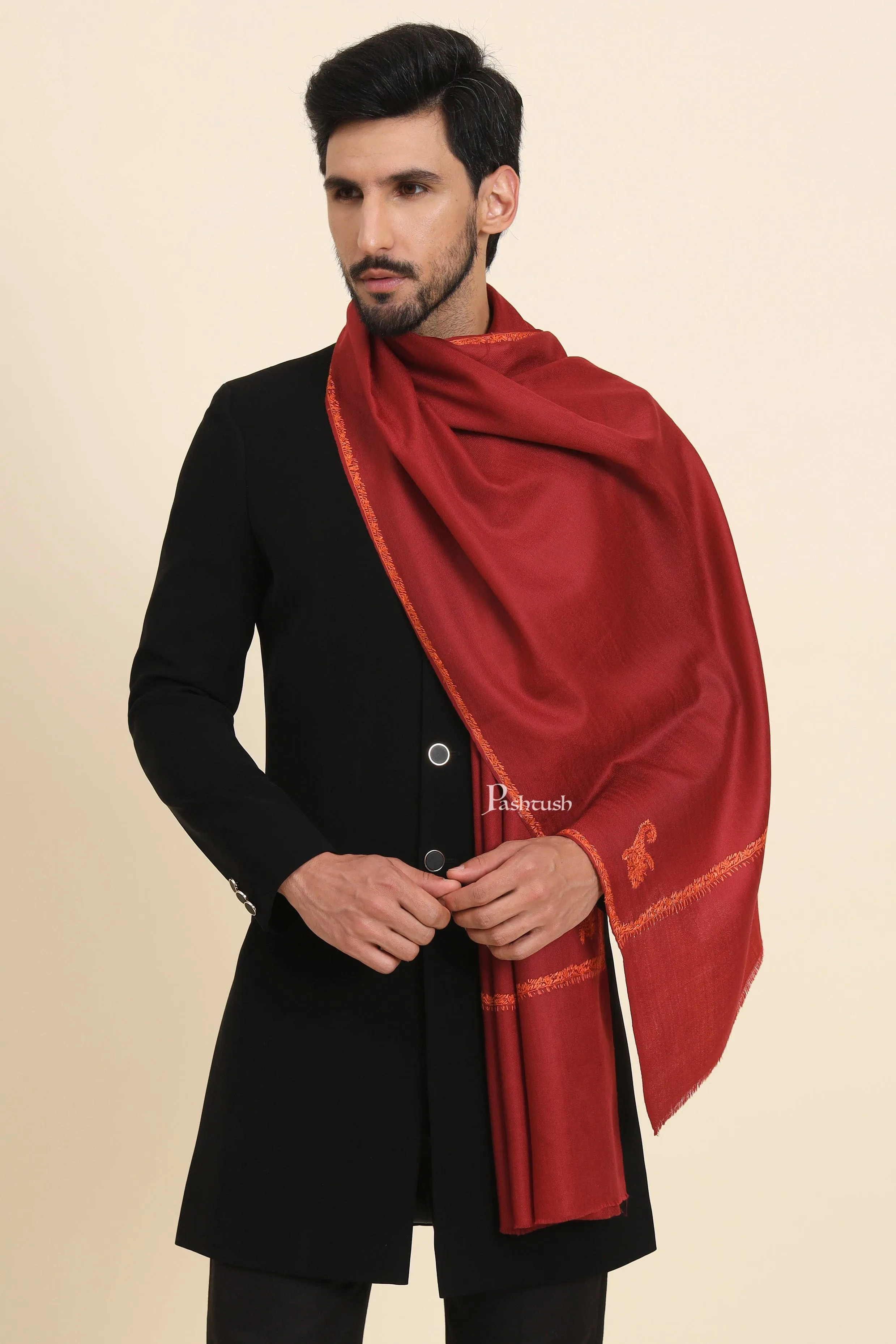 Pashtush Mens Fine Wool Stole, Kingri Design, Maroon