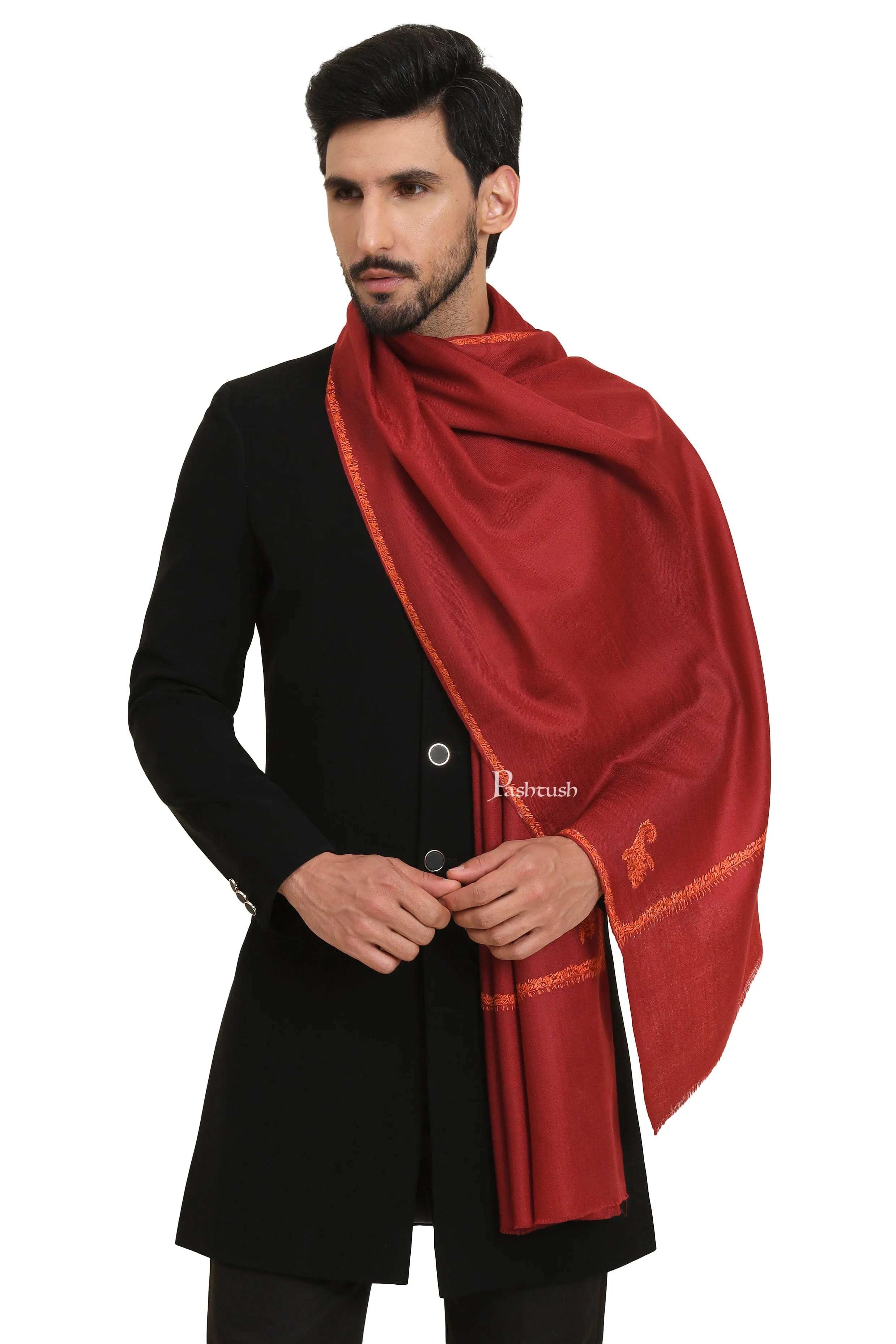 Pashtush Mens Fine Wool Stole, Kingri Design, Maroon