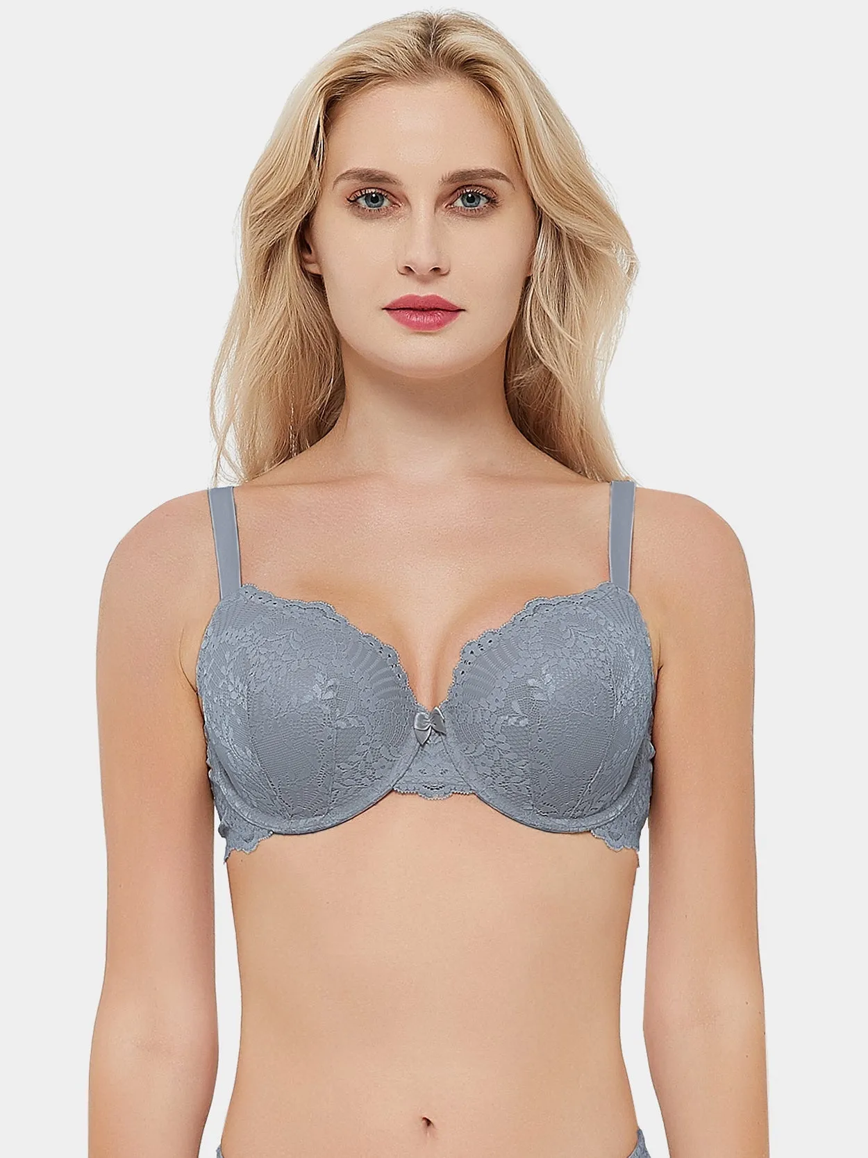 Push Up Lace Underwire Full Coverage Plus Size Bra Grey