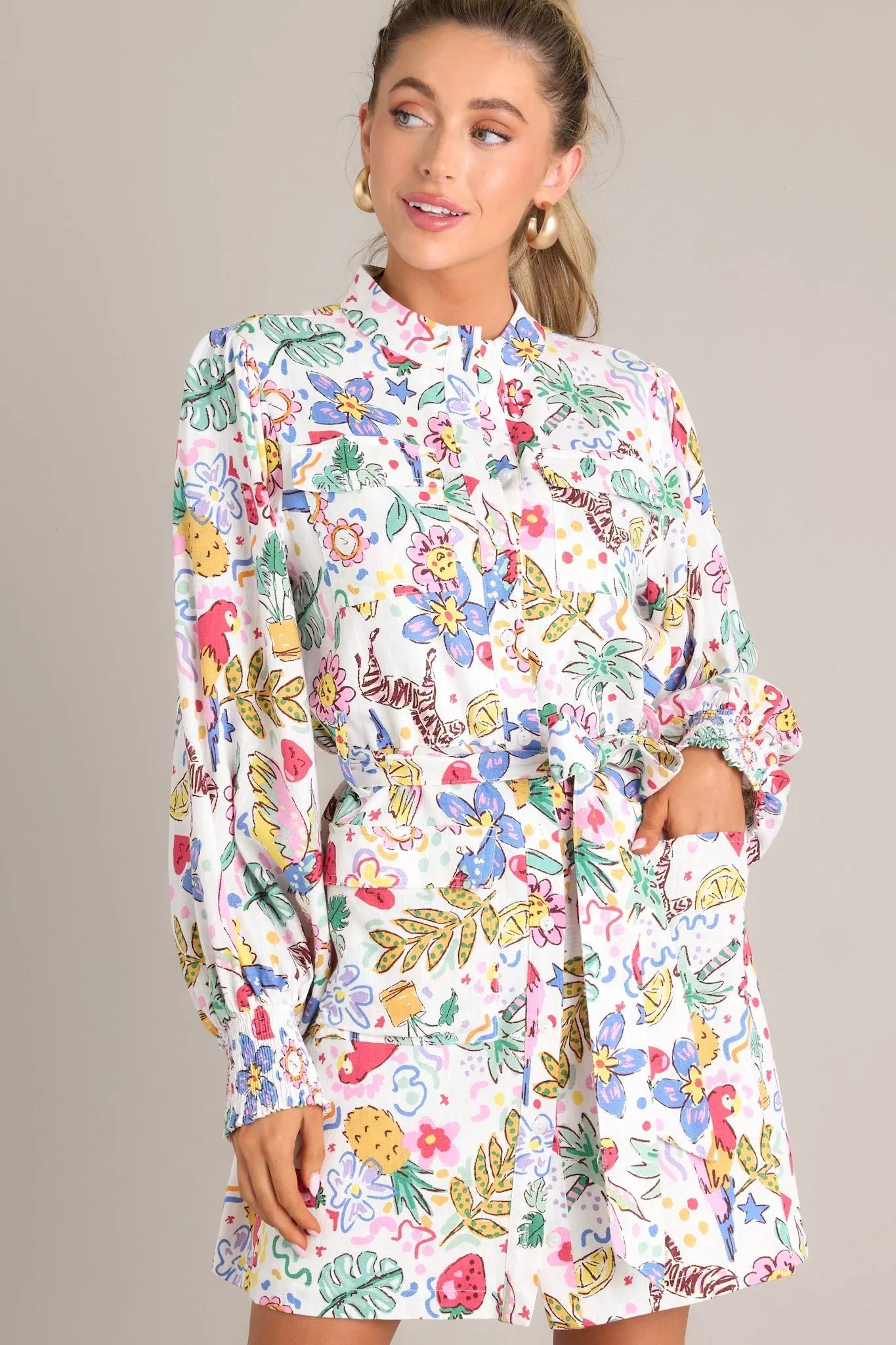 Rain Or Shine White Tropical Print Button Front Mini Dress