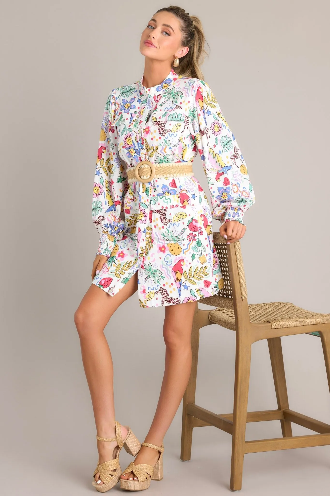 Rain Or Shine White Tropical Print Button Front Mini Dress