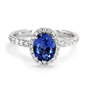 Ready Made | 1.6 Carat Royal Blue Oval Lab Grown Sapphire with Halo Ring in 18K White Gold