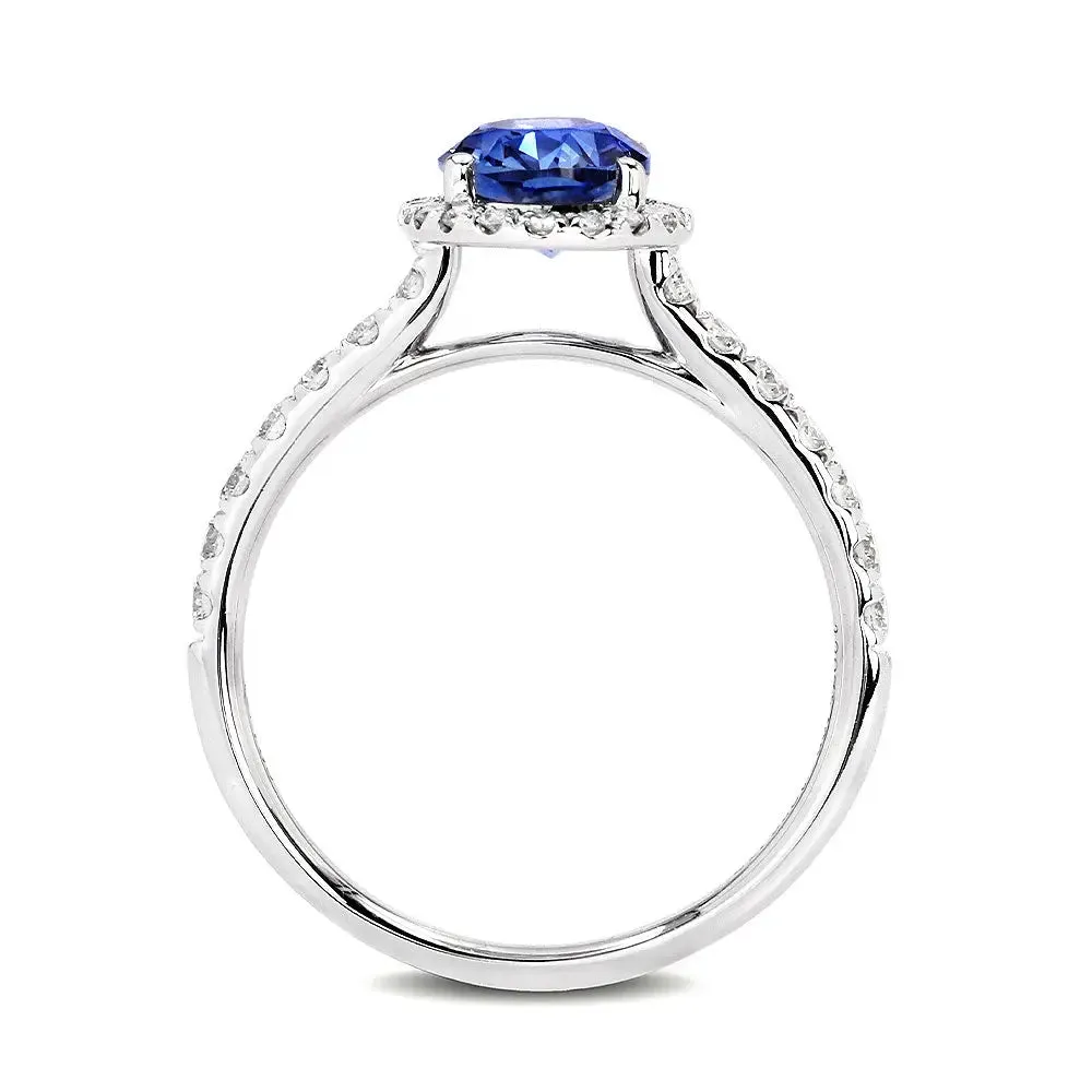 Ready Made | 1.6 Carat Royal Blue Oval Lab Grown Sapphire with Halo Ring in 18K White Gold