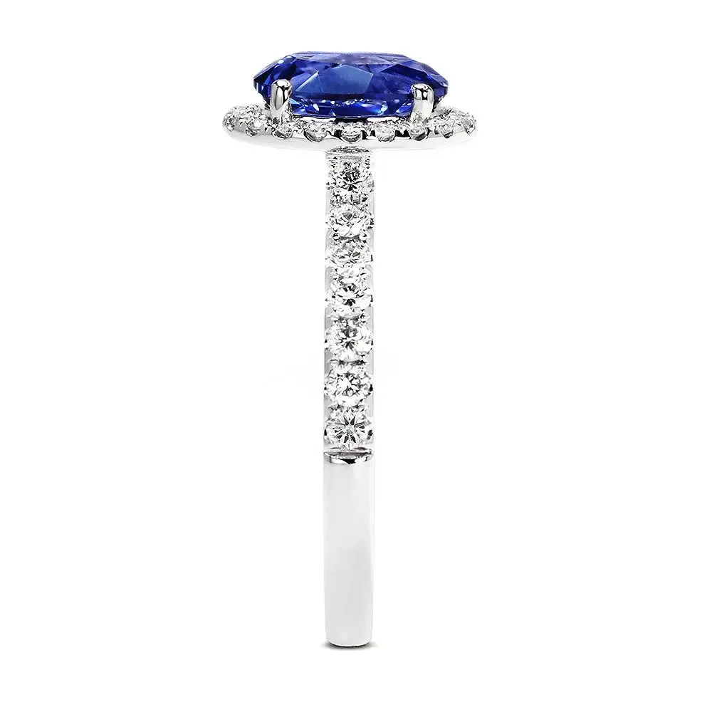 Ready Made | 1.6 Carat Royal Blue Oval Lab Grown Sapphire with Halo Ring in 18K White Gold