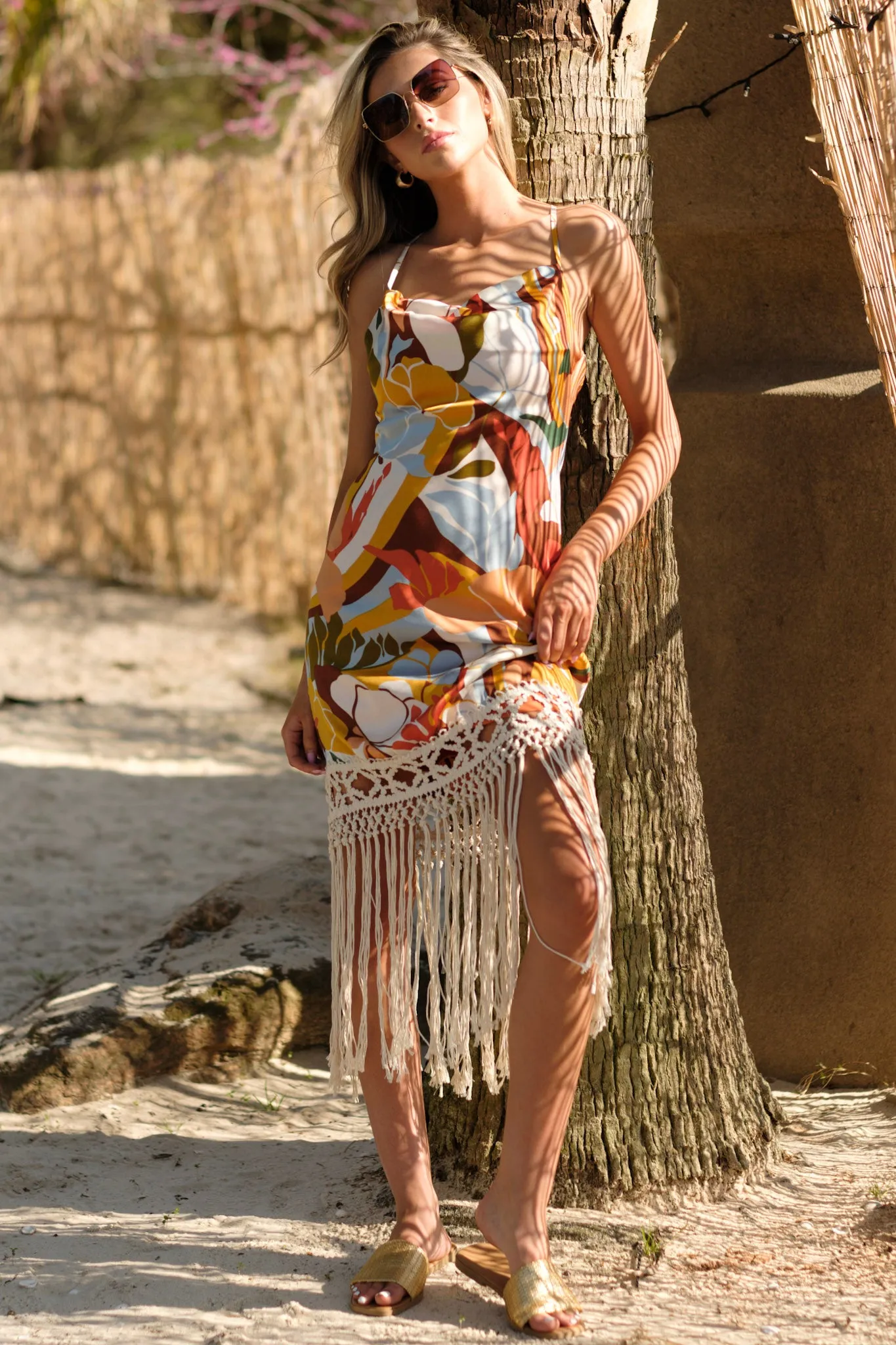 Sun Kissed Orangeade Tropical Print Fringe Mini Dress