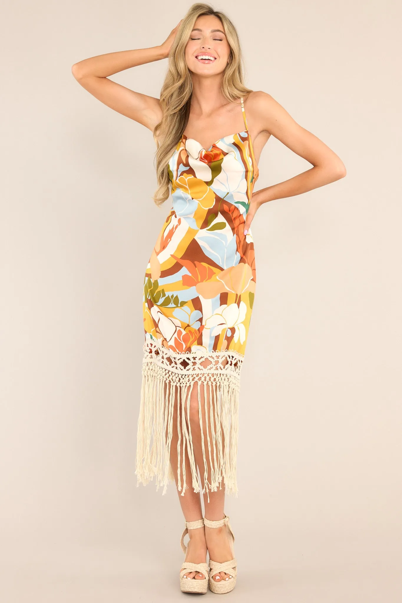 Sun Kissed Orangeade Tropical Print Fringe Mini Dress