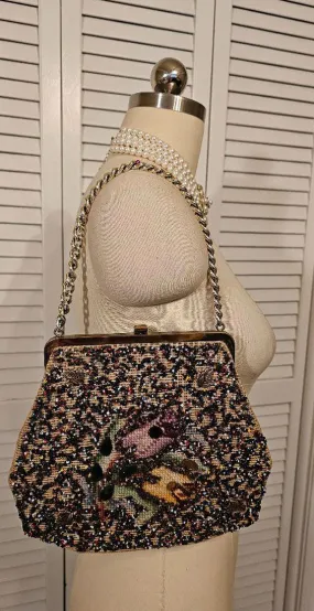 VINTAGE 50S 60S 70S SOURE NEW YORK BEADED PURSE HANDBAG LEAF ACCENTS PURSE 1950S PURSE SHOULDER BAG SHOULDER PURSE DESIGNER BAG