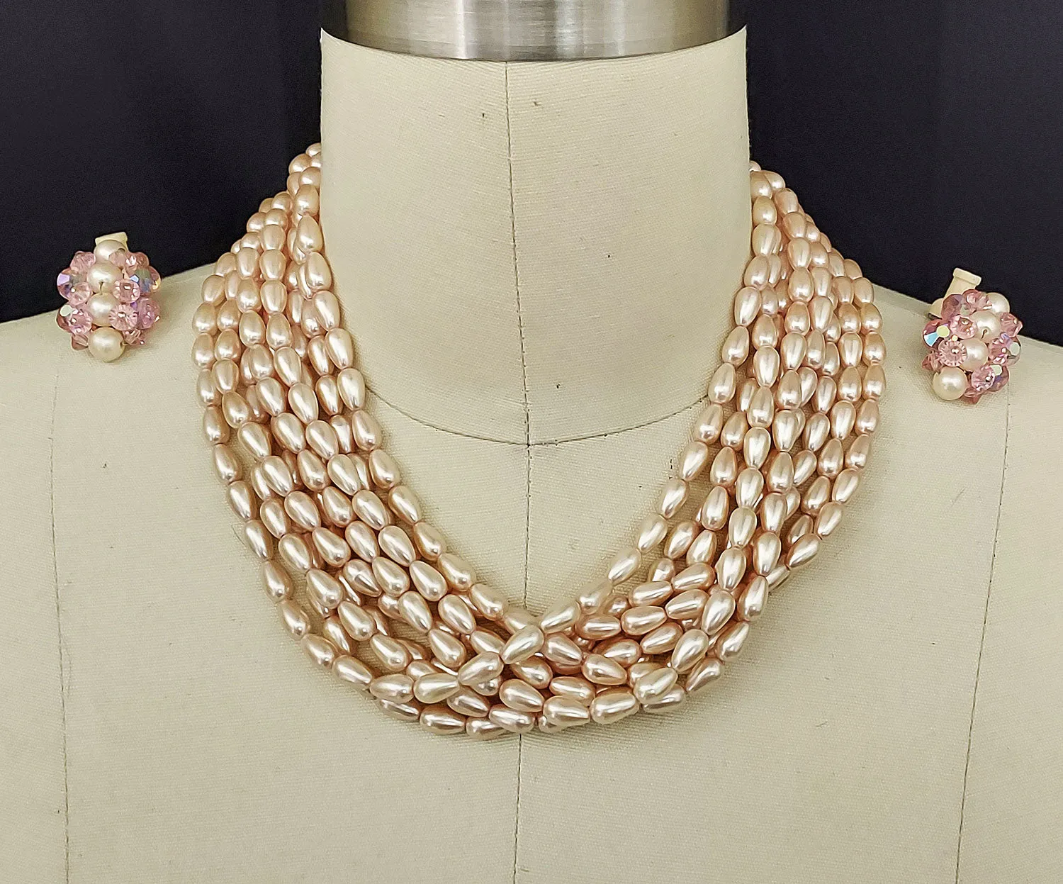 *VINTAGE 60S DESIGNER CAROLEE BABY PINK 6 STRAND LAYERED FAUX PEARL NECKLACE PAIRED WITH SPARKLING BEADS & PEARL EARRINGS