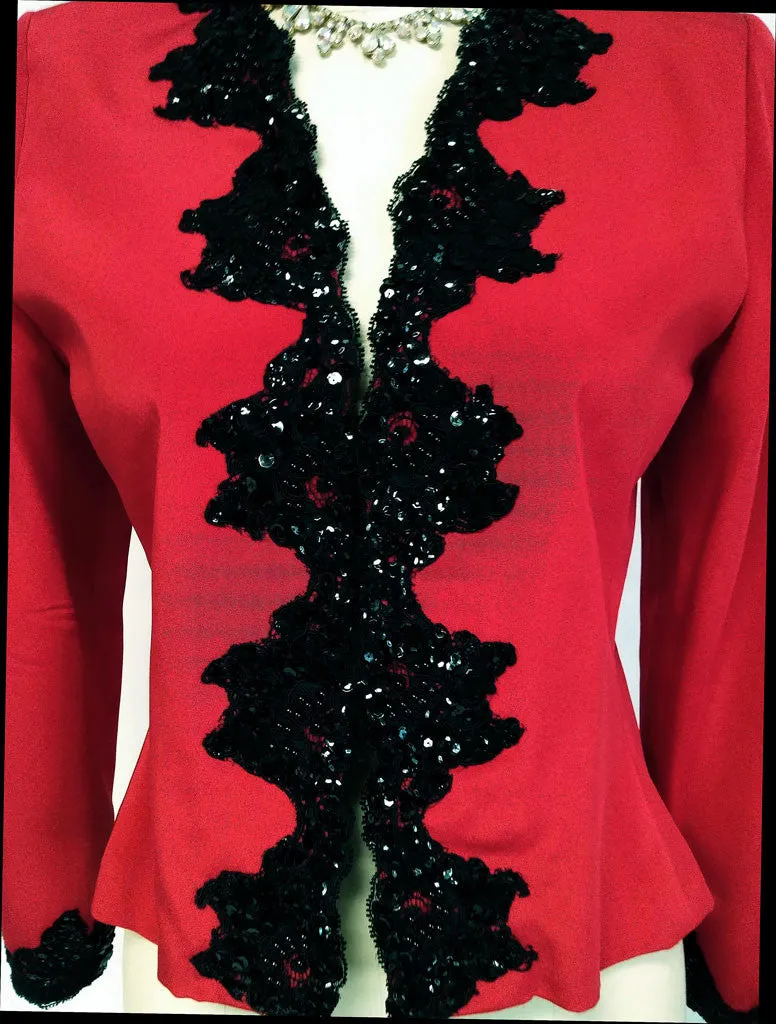 VINTAGE '80s LIAN CARLO NEIMAN MARCUS SCARLET EVENING JACKET ENCRUSTED WITH BLACK CHANTILLY LACE,  SPARKLING SEQUINS & BEADING