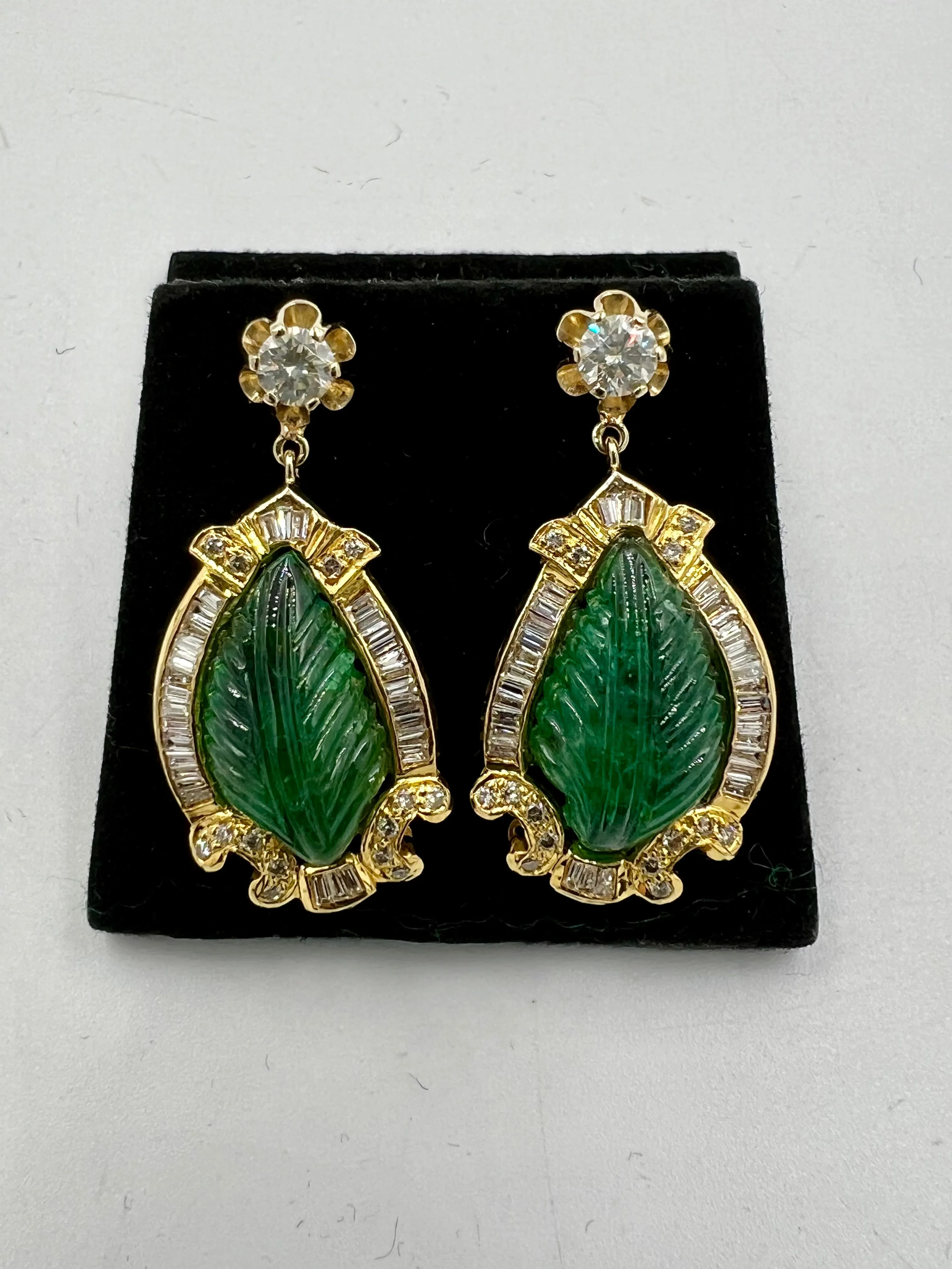 Vintage Carved Emerald Diamond Gold Earrings