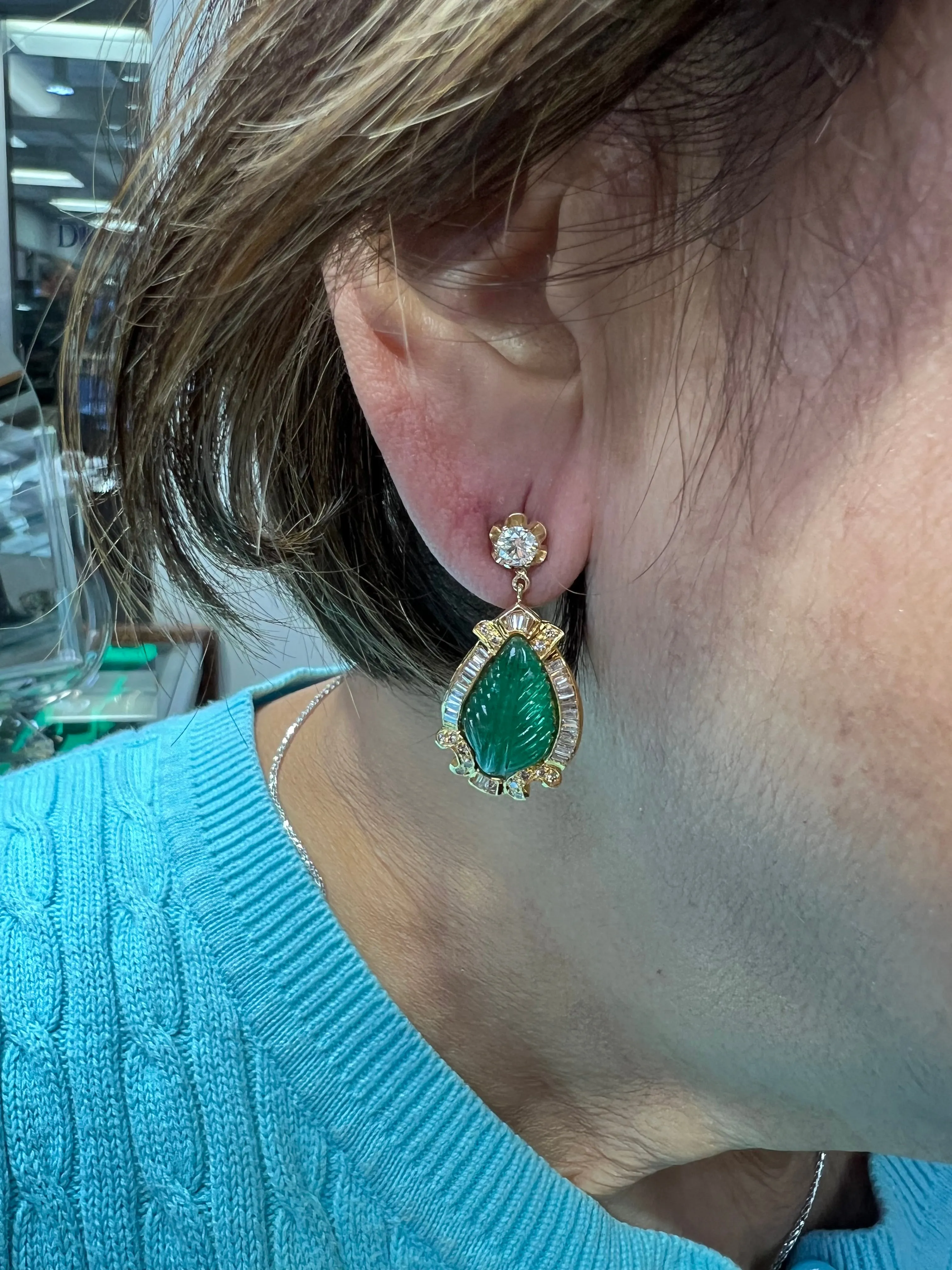 Vintage Carved Emerald Diamond Gold Earrings