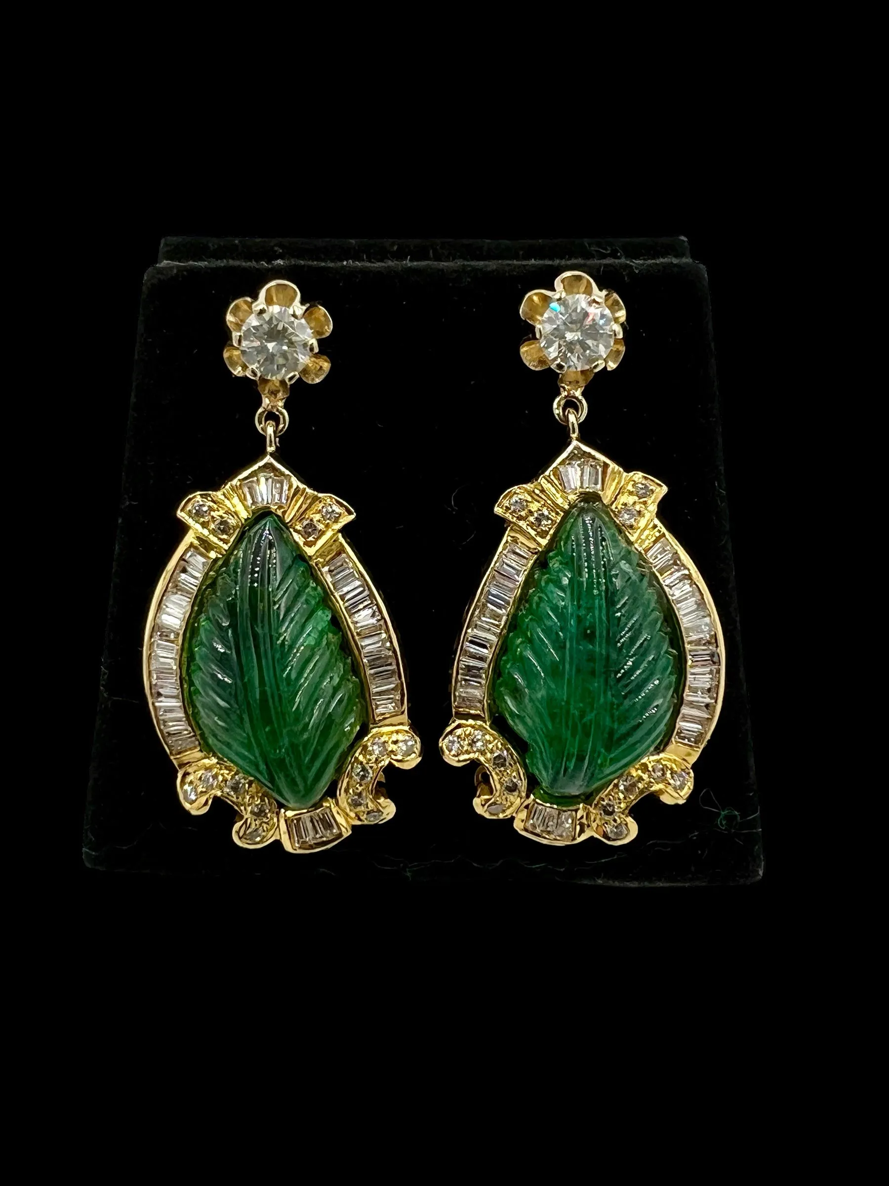 Vintage Carved Emerald Diamond Gold Earrings