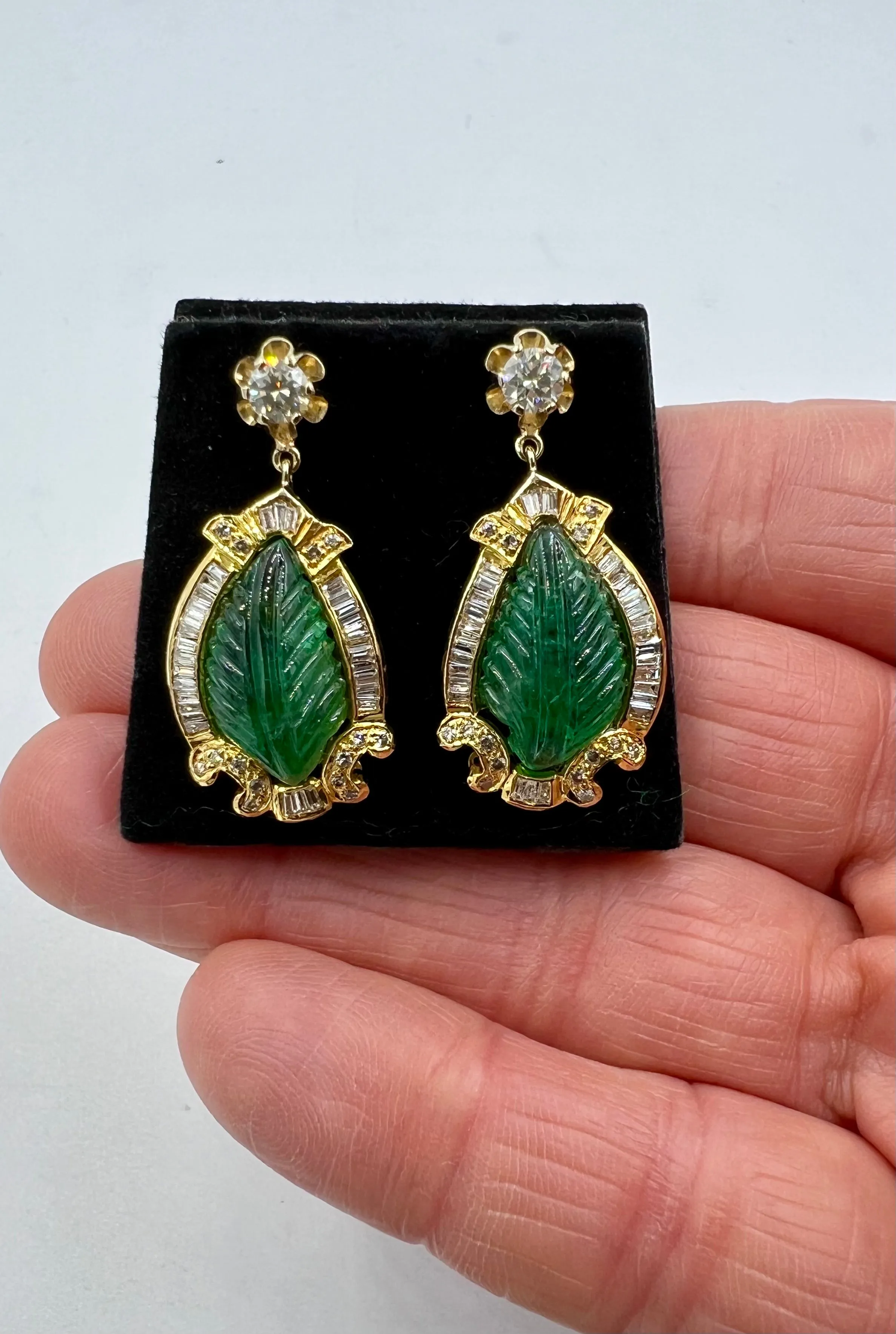 Vintage Carved Emerald Diamond Gold Earrings