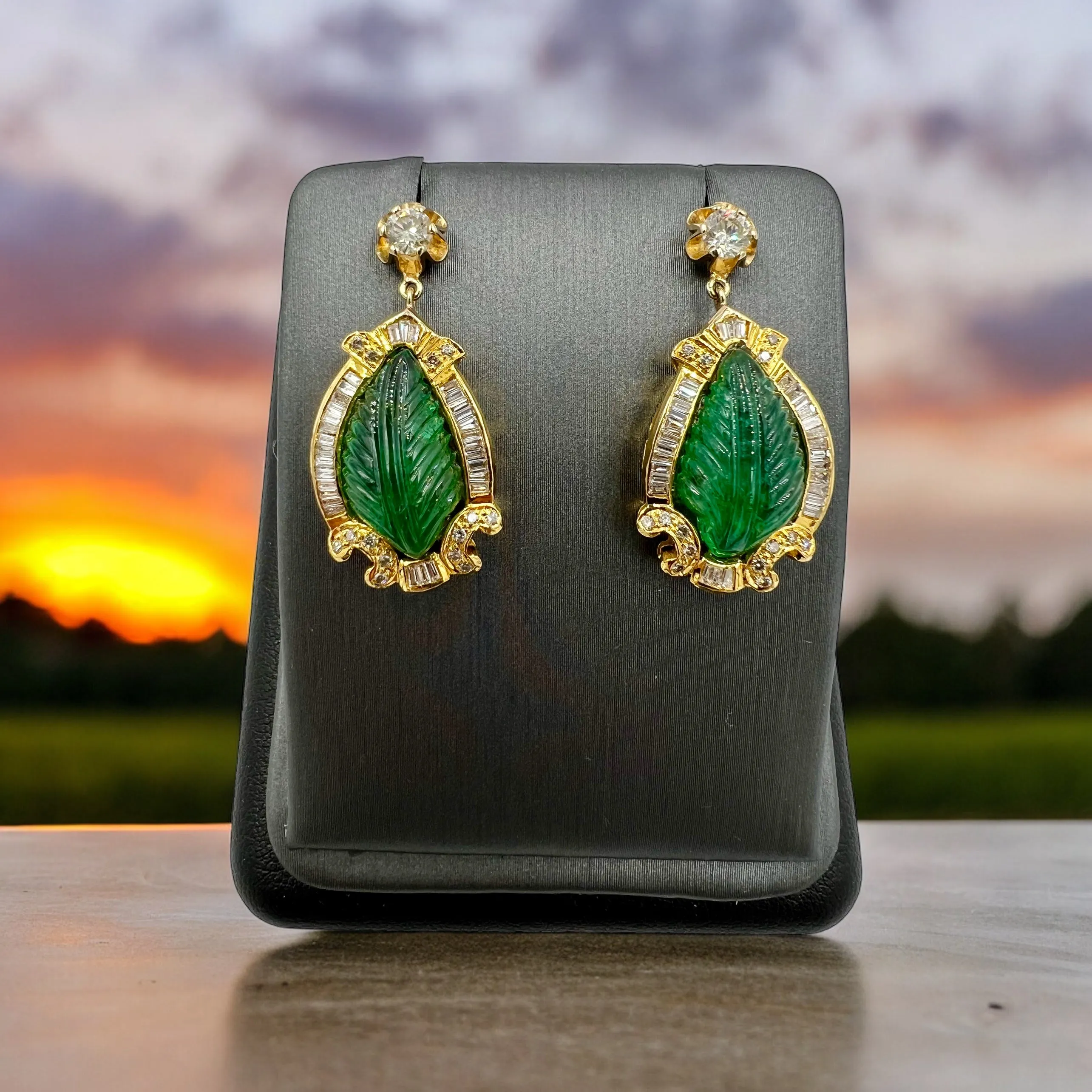 Vintage Carved Emerald Diamond Gold Earrings