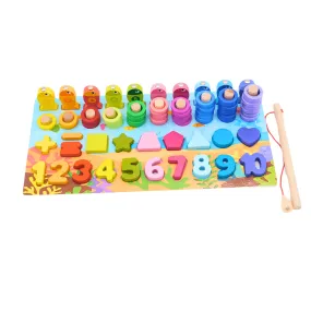 Wooden Fishing Board Game 4 in 1- Numbers, Shapes,, Stacking, (Pack of 1)